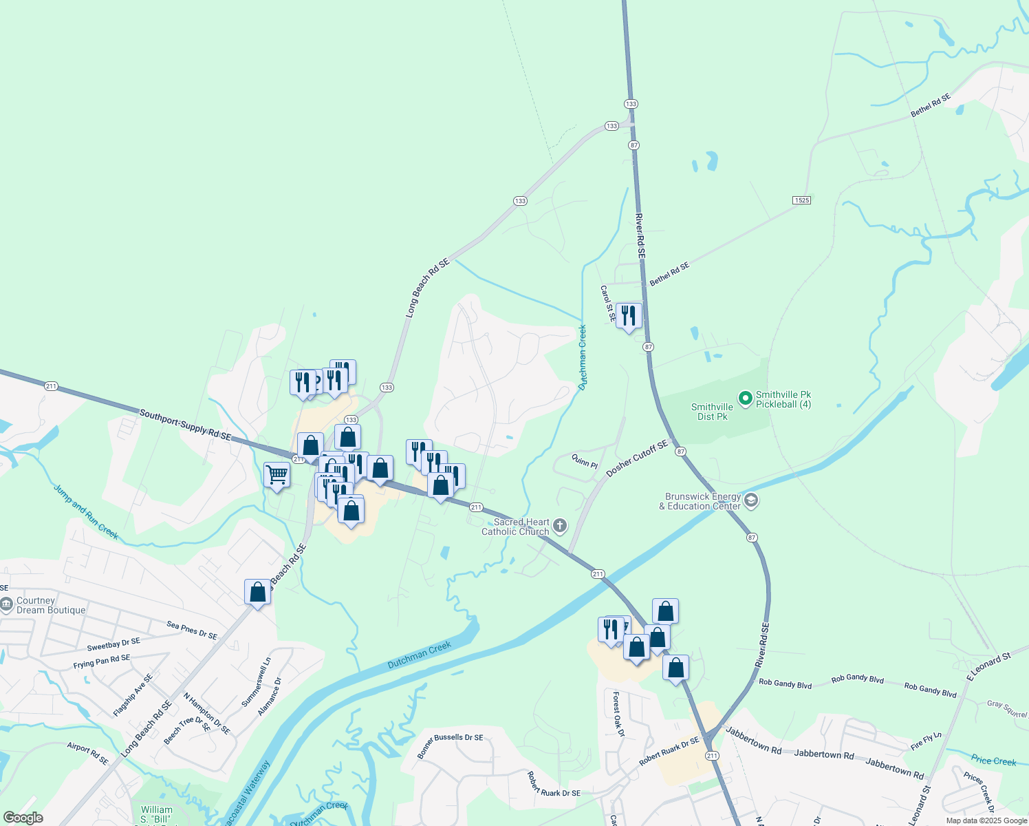 map of restaurants, bars, coffee shops, grocery stores, and more near 5004 Bowline Court in Southport