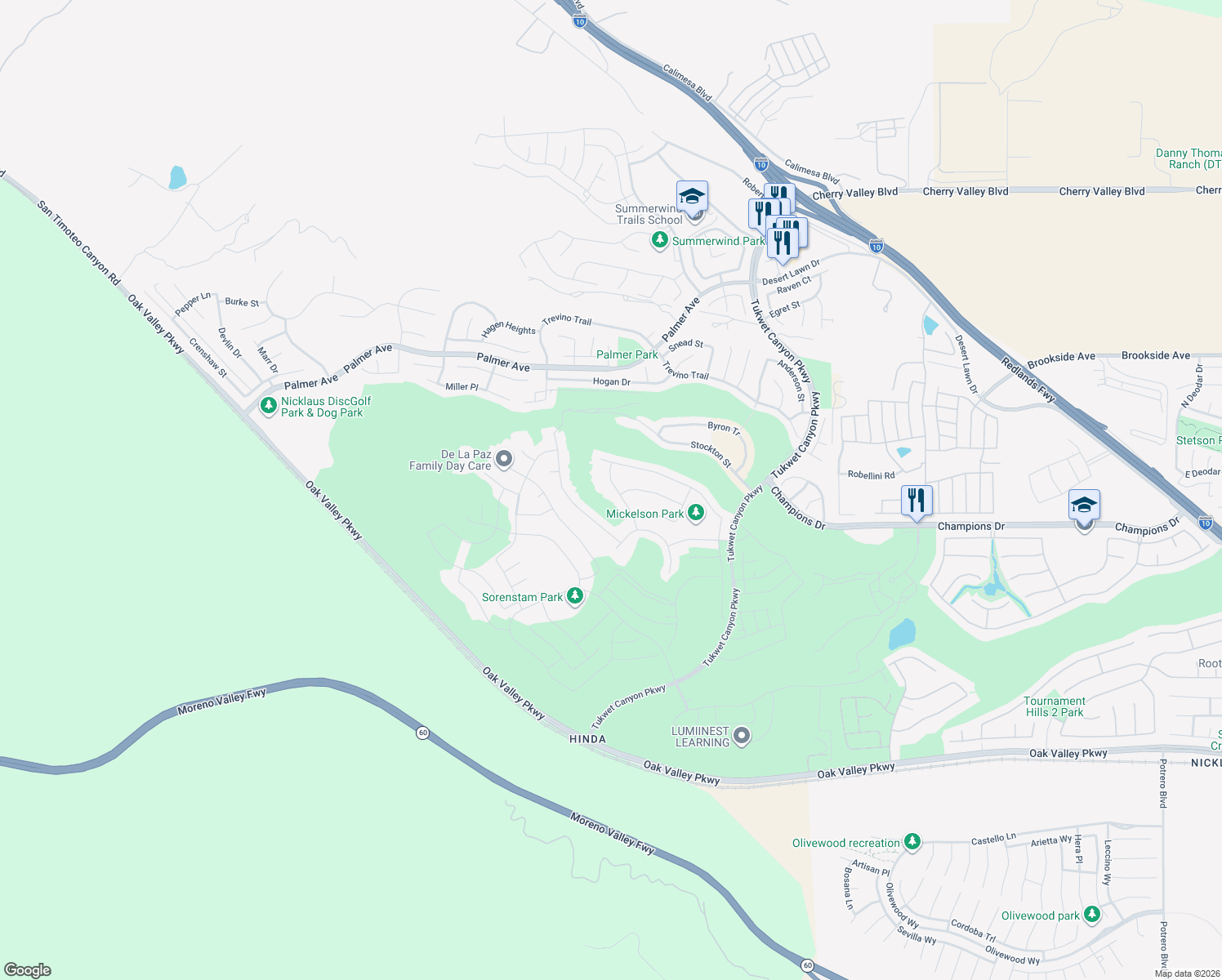 map of restaurants, bars, coffee shops, grocery stores, and more near 11449 Lyle Lane in Calimesa