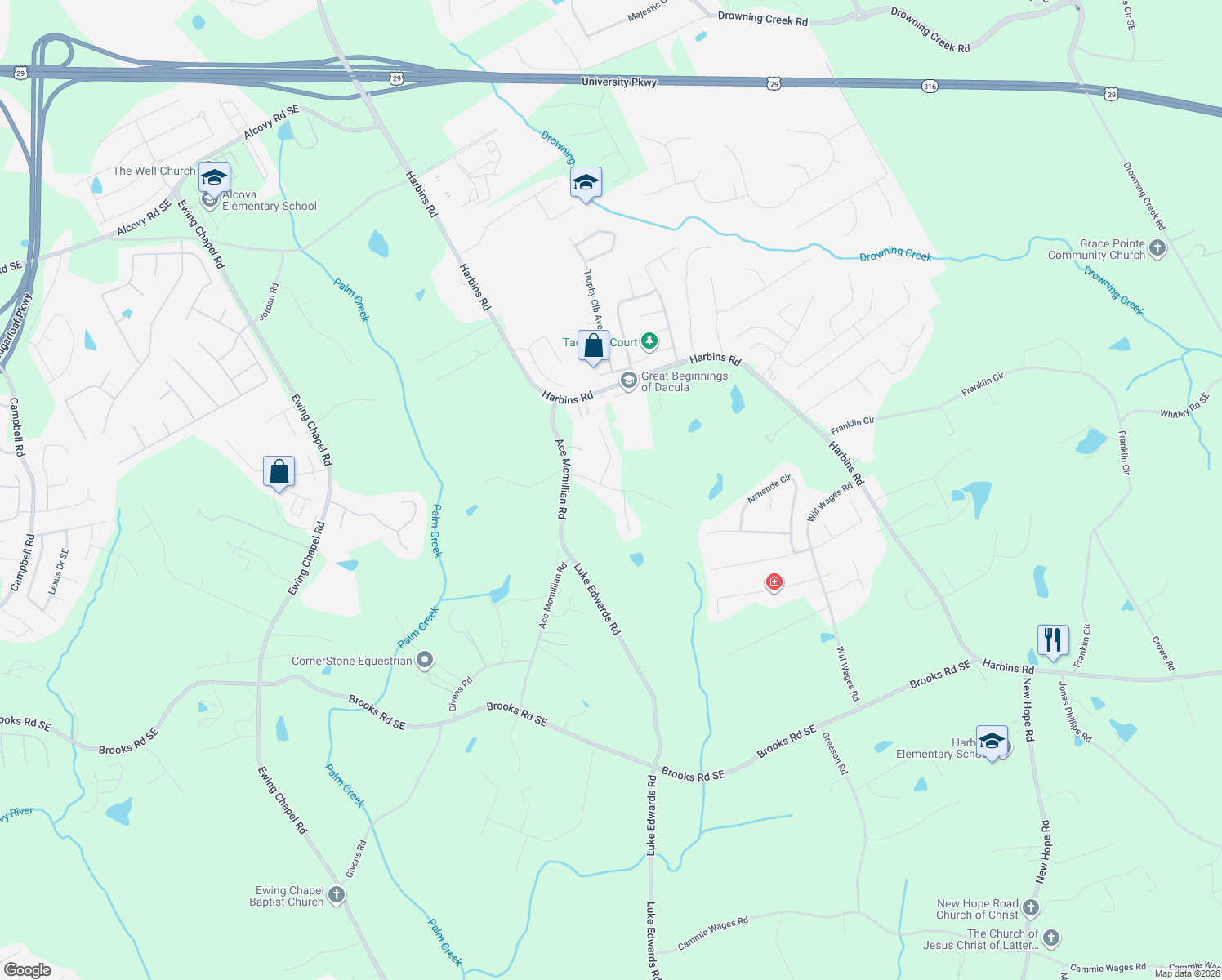 map of restaurants, bars, coffee shops, grocery stores, and more near 2443 Indian Bluffs Drive Southeast in Dacula