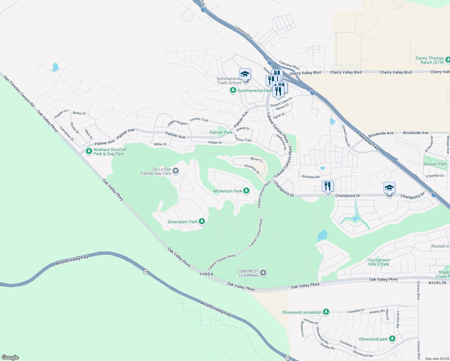 map of restaurants, bars, coffee shops, grocery stores, and more near 35256 Thorpe Trail in Calimesa