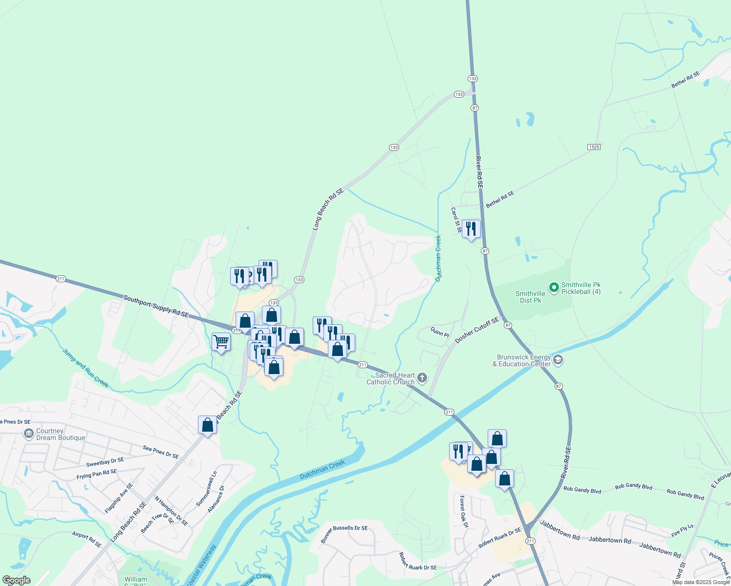 map of restaurants, bars, coffee shops, grocery stores, and more near 5002 Seaward Ct in Southport