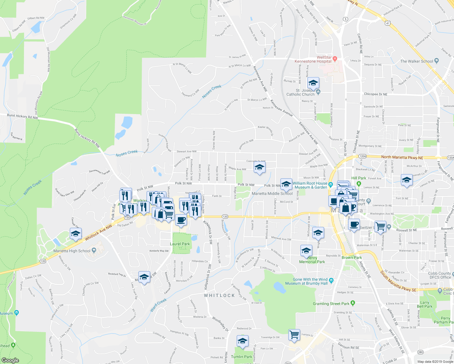 map of restaurants, bars, coffee shops, grocery stores, and more near 484 Polk Street Northwest in Marietta