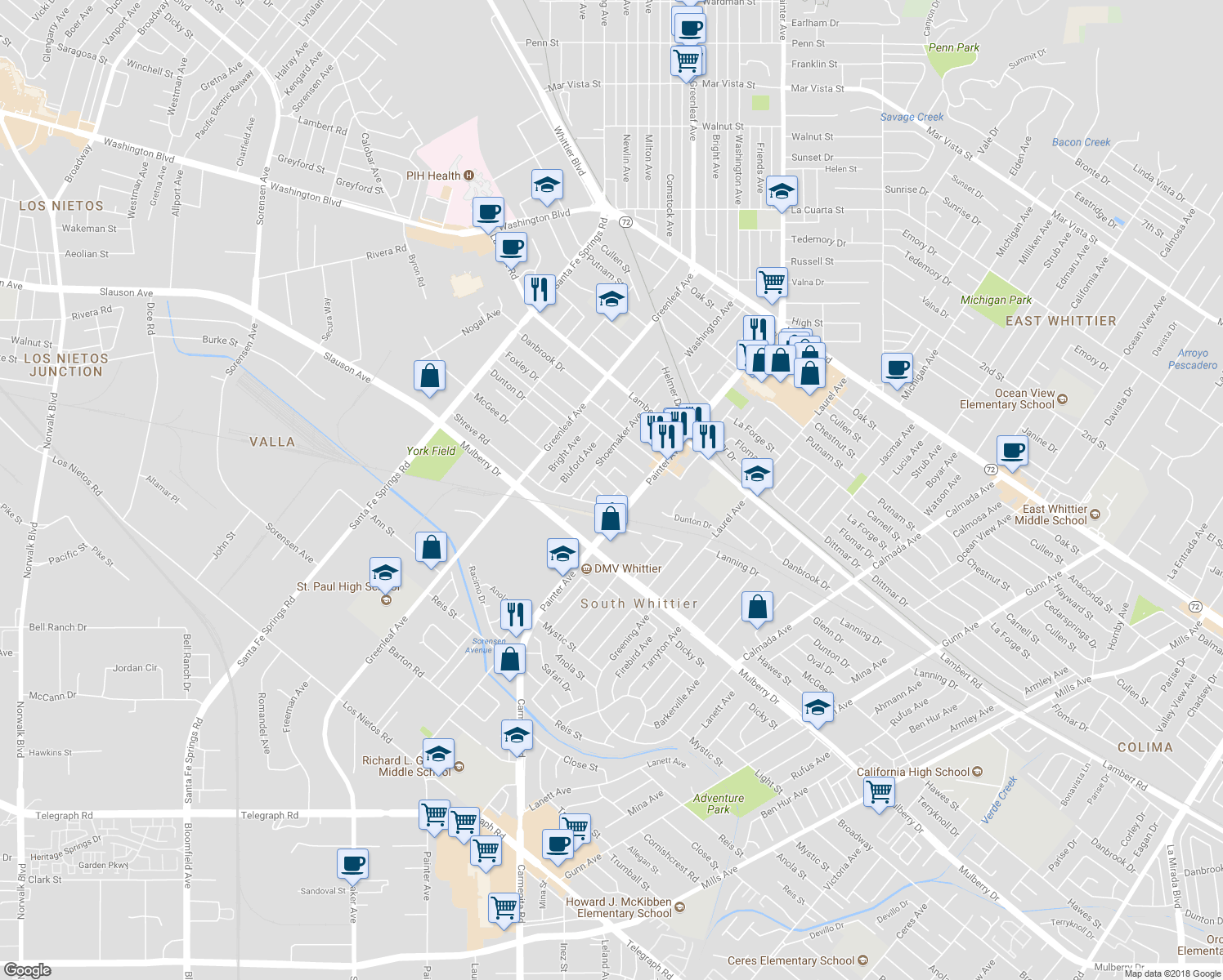 map of restaurants, bars, coffee shops, grocery stores, and more near 13308 Oval Drive in Whittier
