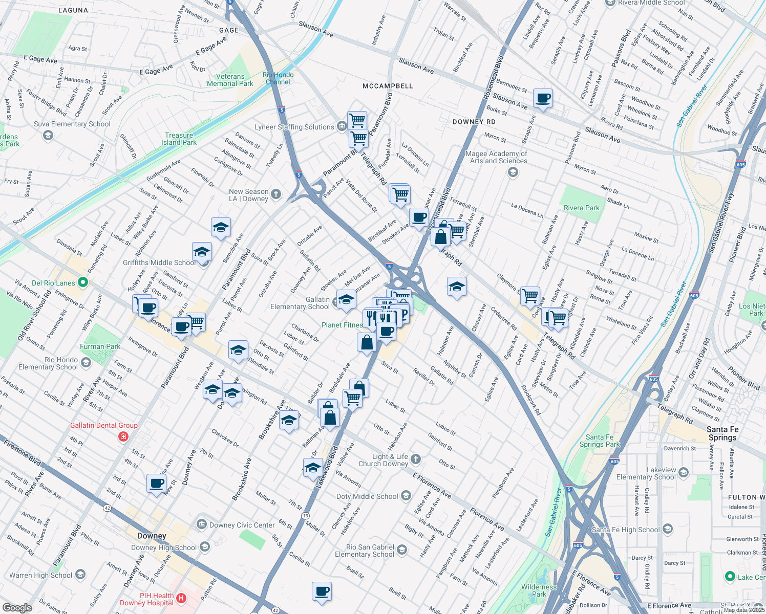 map of restaurants, bars, coffee shops, grocery stores, and more near 9212 Joshua Way in Downey