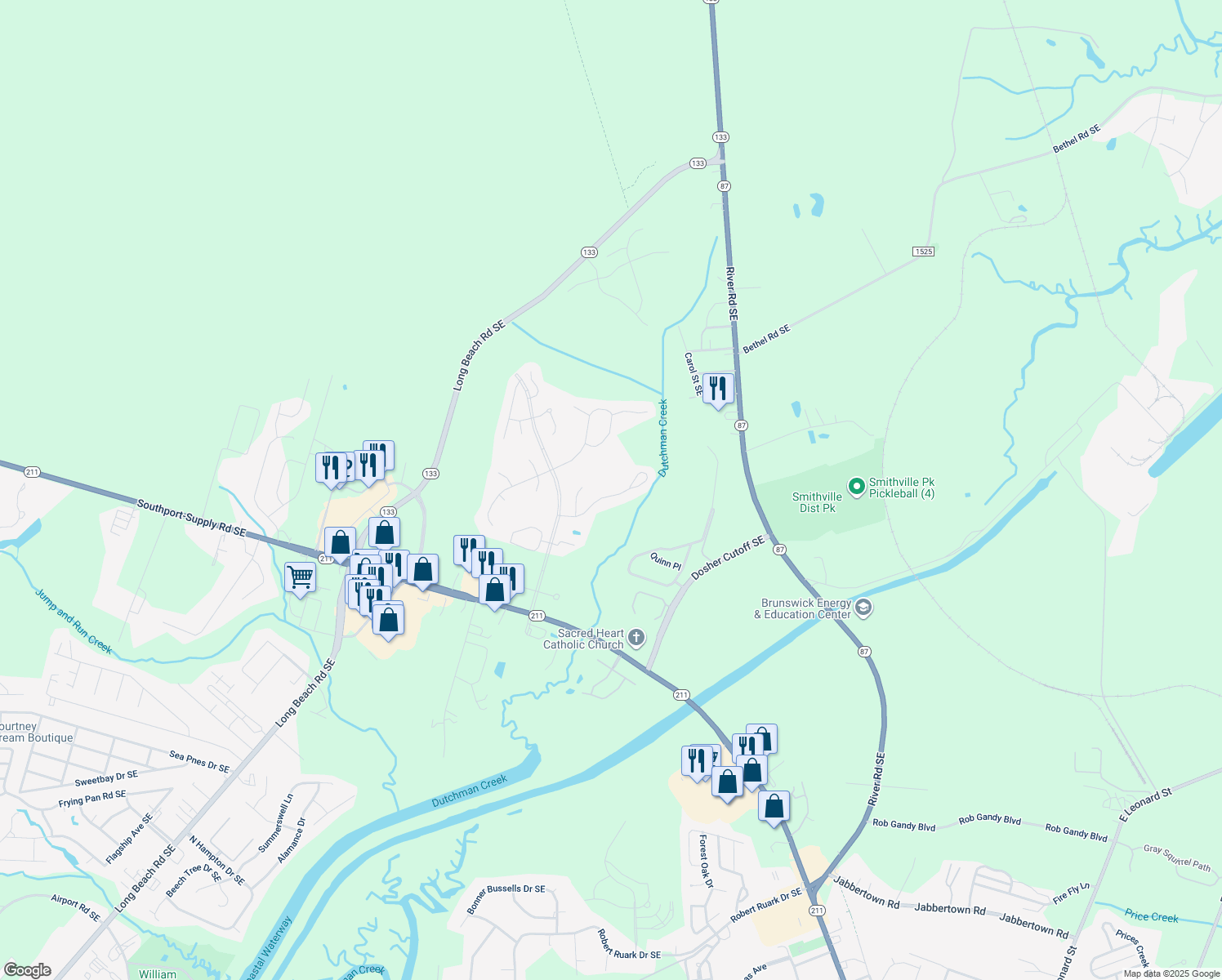 map of restaurants, bars, coffee shops, grocery stores, and more near 5226 Shipmast Way in Southport