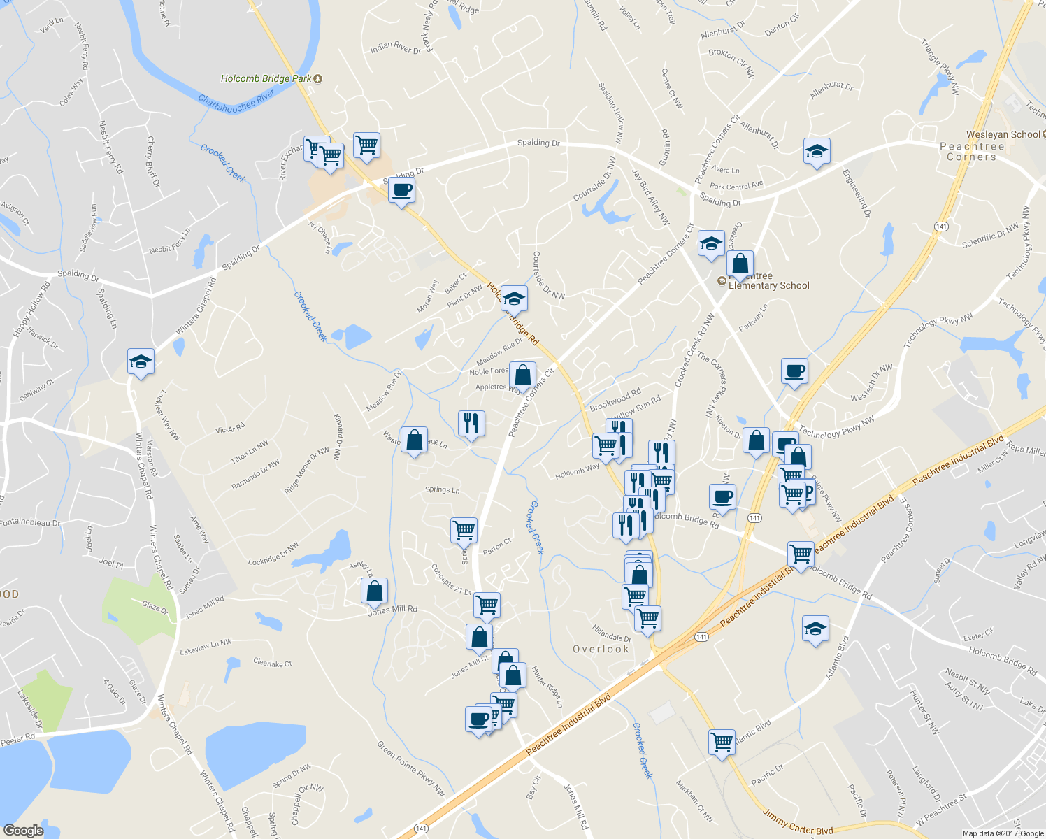 map of restaurants, bars, coffee shops, grocery stores, and more near 6451 Appletree Way in Norcross