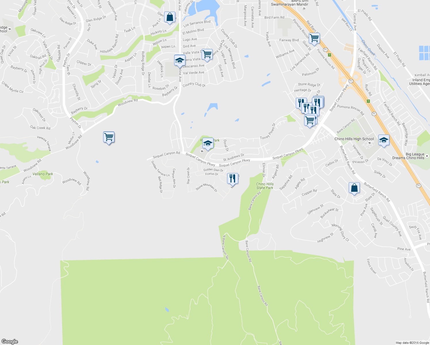 map of restaurants, bars, coffee shops, grocery stores, and more near 16320-16326 Whitefield Court in Chino Hills