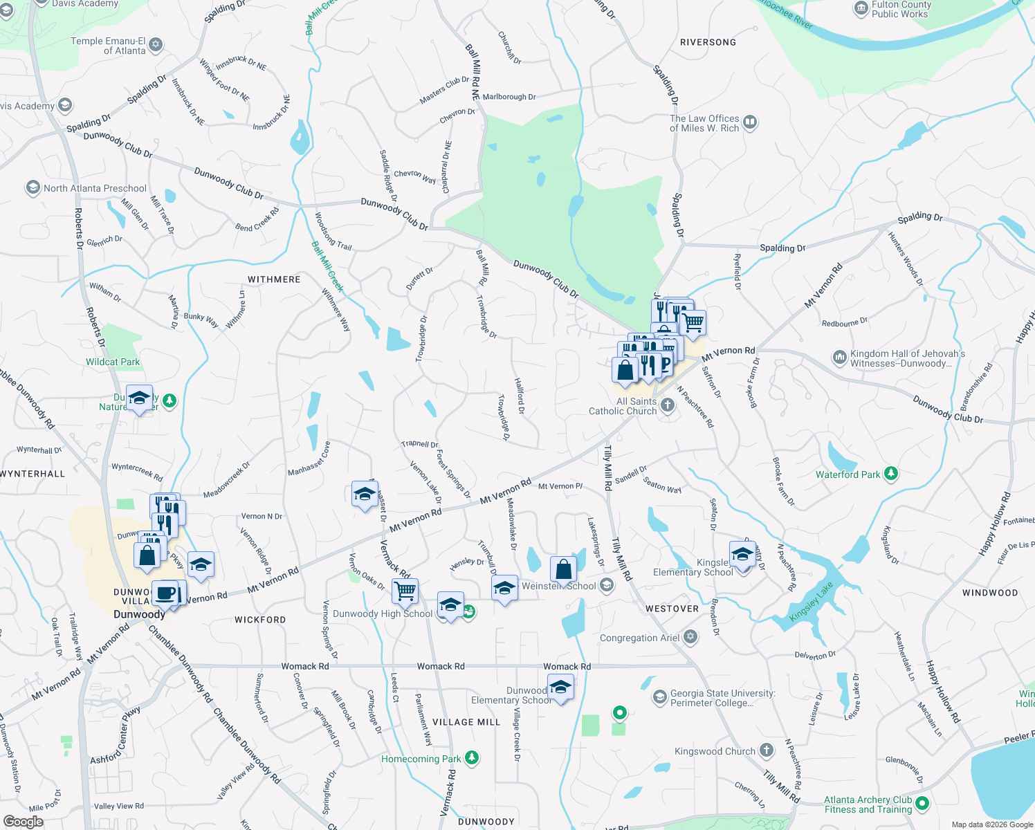 map of restaurants, bars, coffee shops, grocery stores, and more near 5354 Hallford Drive in Dunwoody