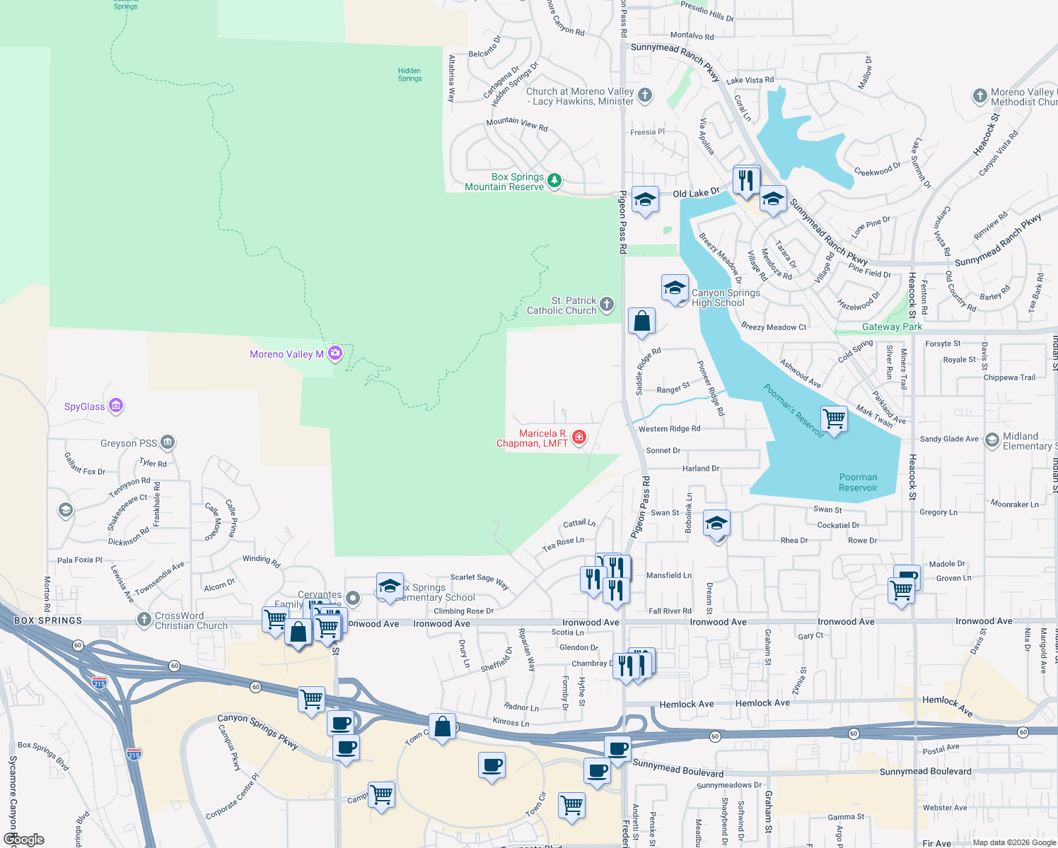 map of restaurants, bars, coffee shops, grocery stores, and more near Squab Road in Moreno Valley