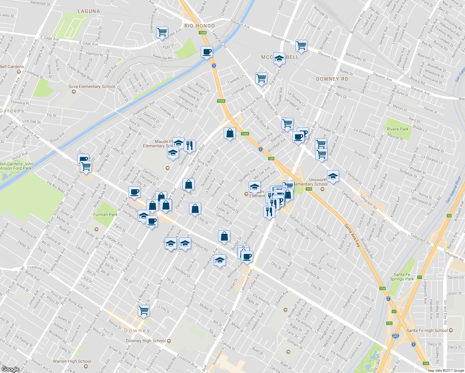 map of restaurants, bars, coffee shops, grocery stores, and more near 9517 Stoakes Avenue in Downey
