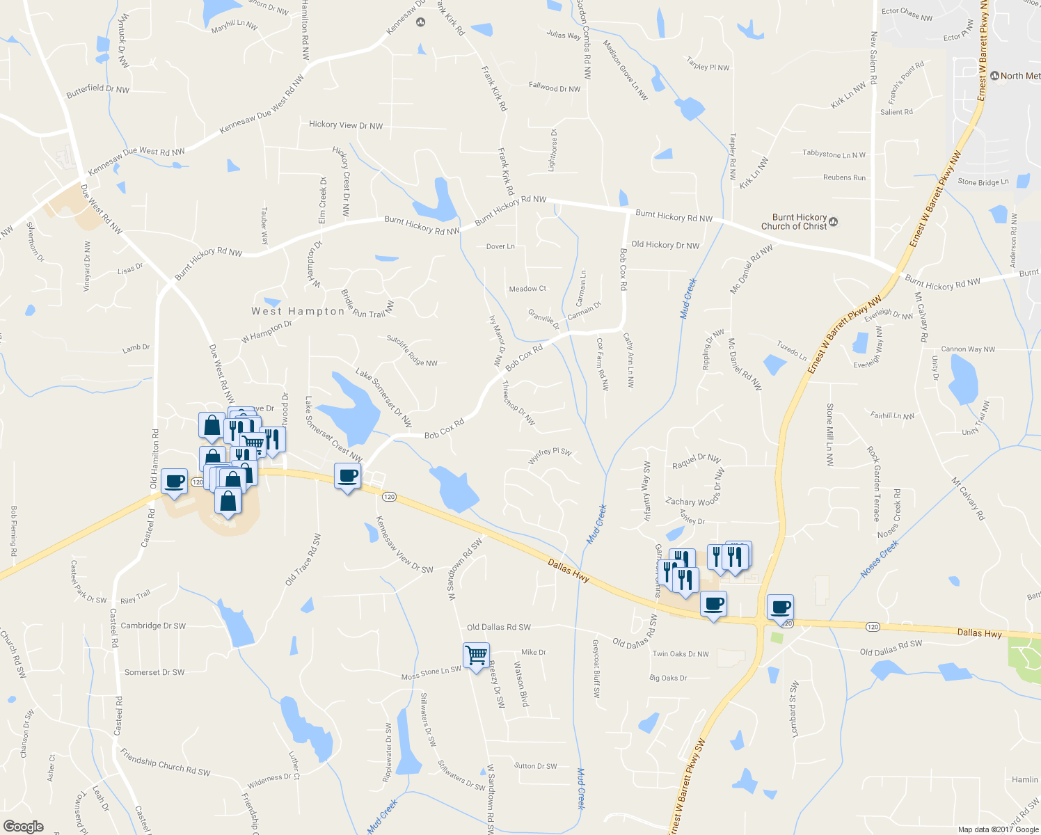 map of restaurants, bars, coffee shops, grocery stores, and more near 2998 Tallowood Drive in Marietta
