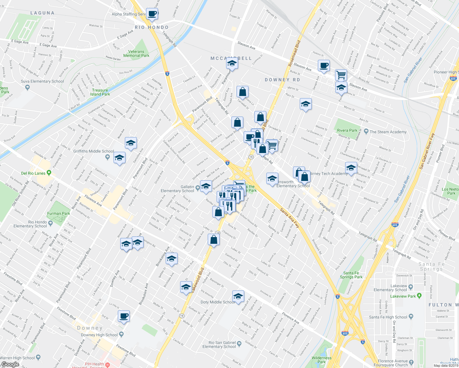 map of restaurants, bars, coffee shops, grocery stores, and more near 7301 Florence Avenue in Downey