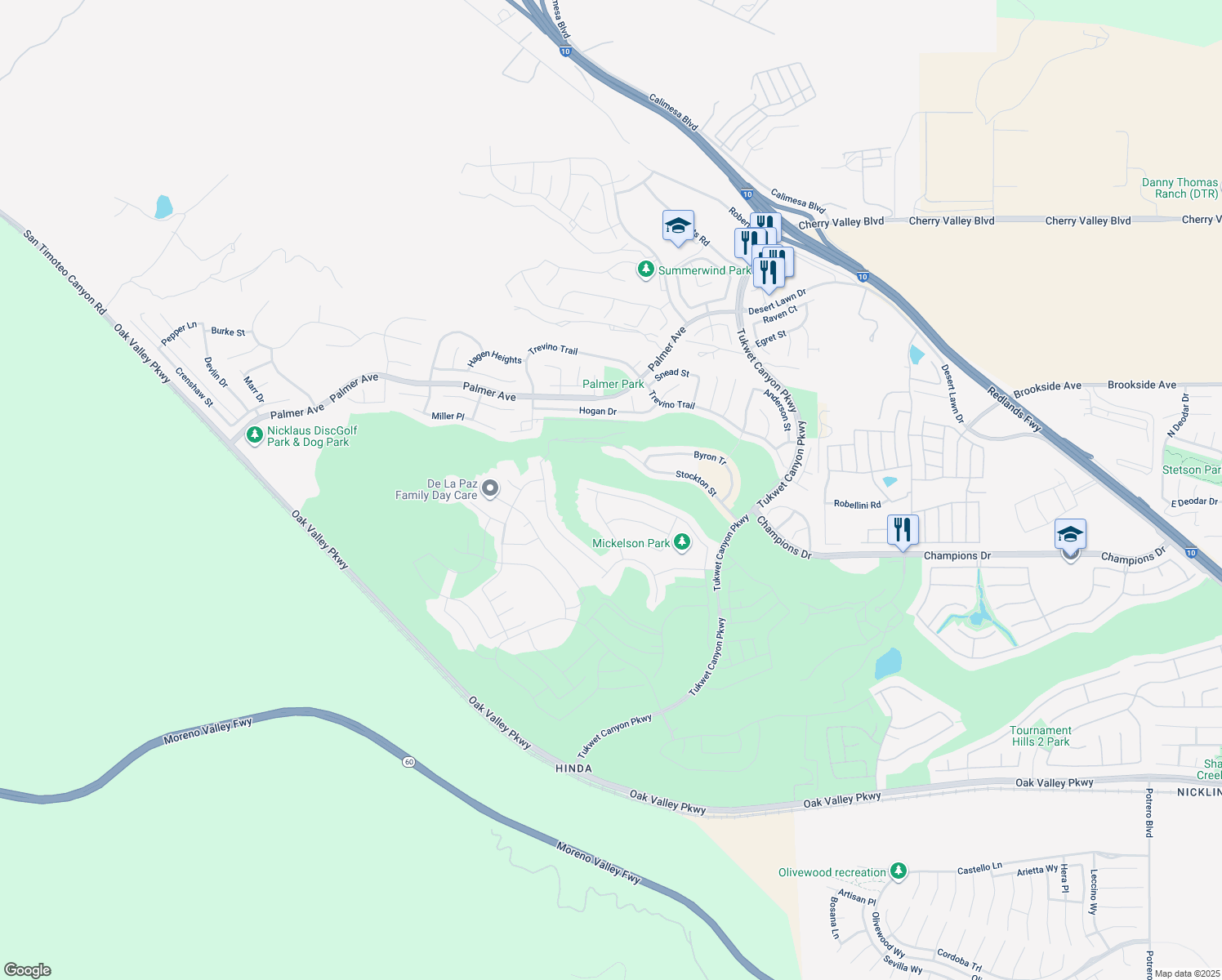 map of restaurants, bars, coffee shops, grocery stores, and more near 35212 Smith Avenue in Beaumont