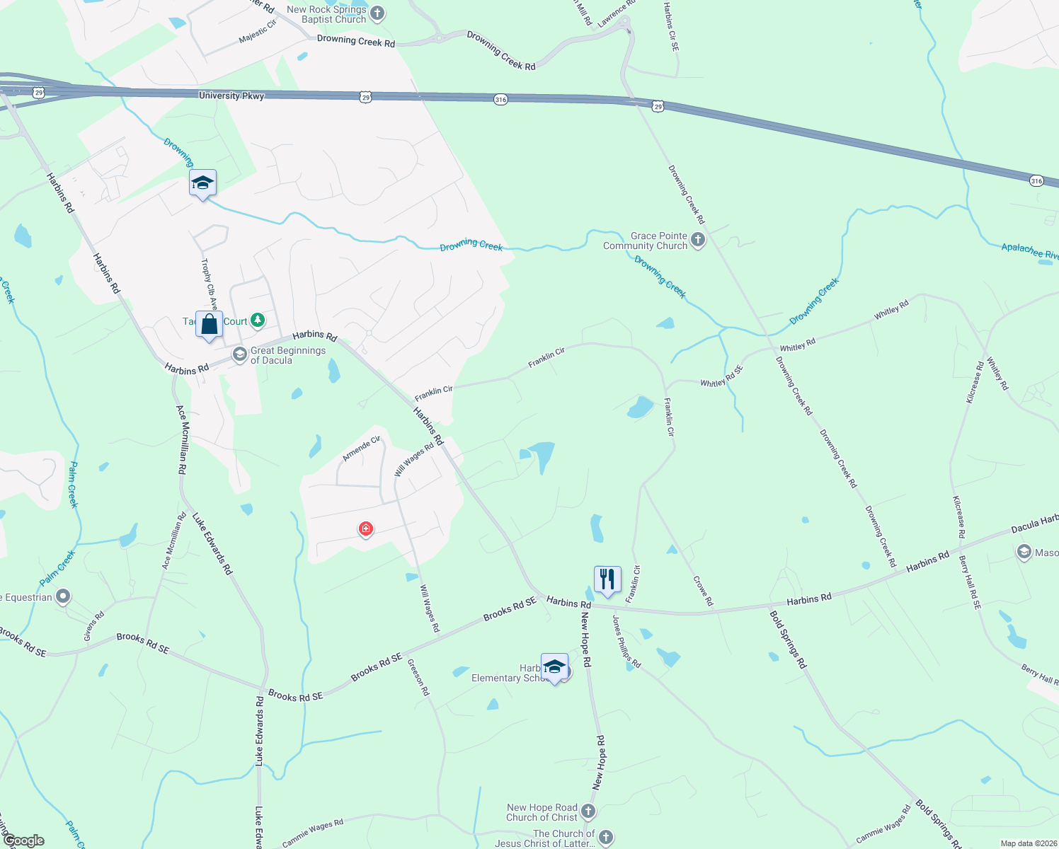 map of restaurants, bars, coffee shops, grocery stores, and more near 2795 Jona Trail in Dacula