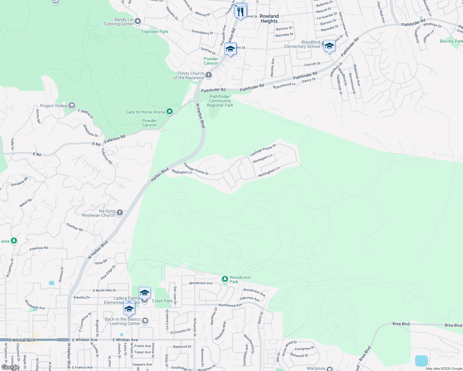 map of restaurants, bars, coffee shops, grocery stores, and more near 3646 Norwich Place in Rowland Heights