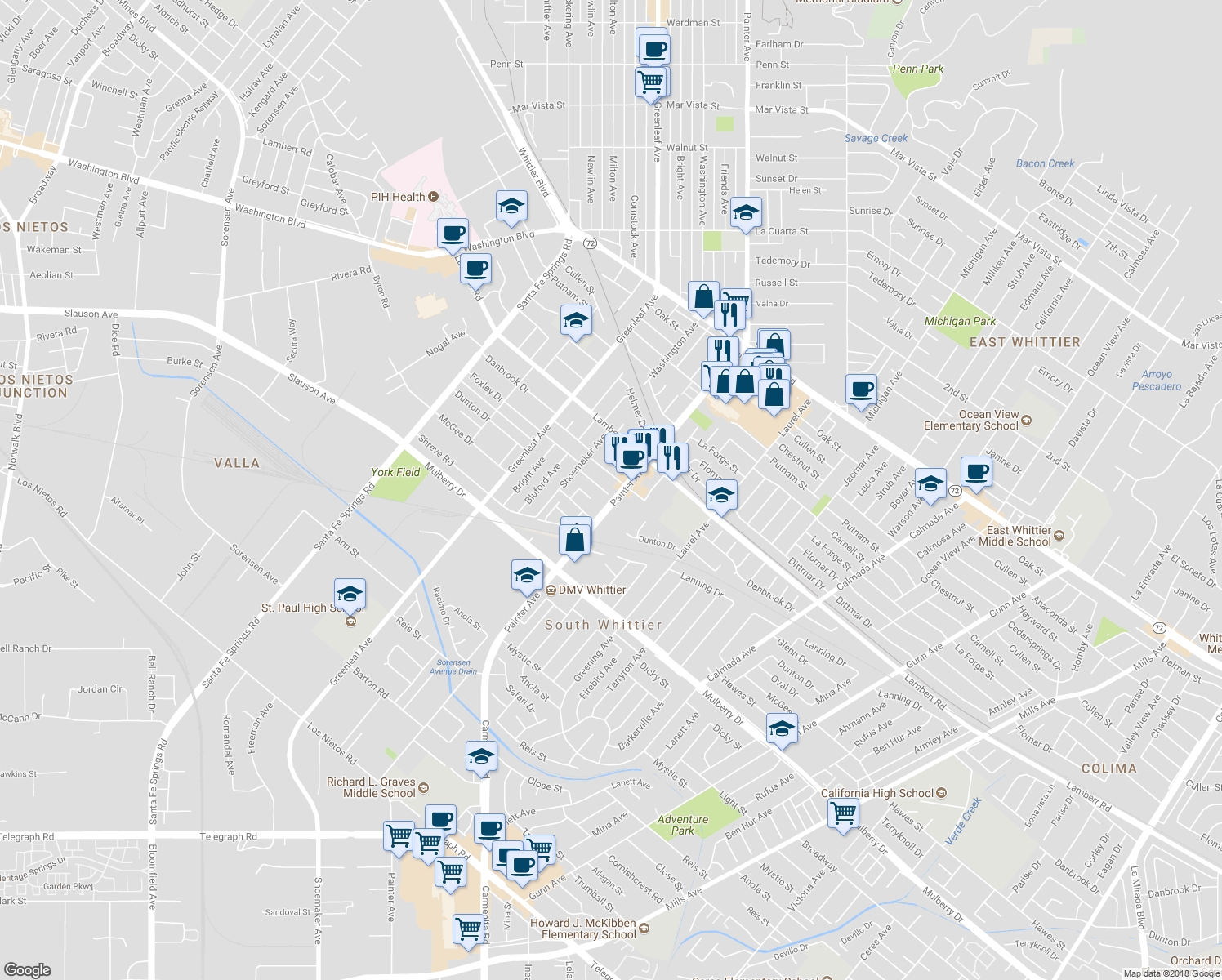 map of restaurants, bars, coffee shops, grocery stores, and more near 13327 Foxley Drive in Whittier