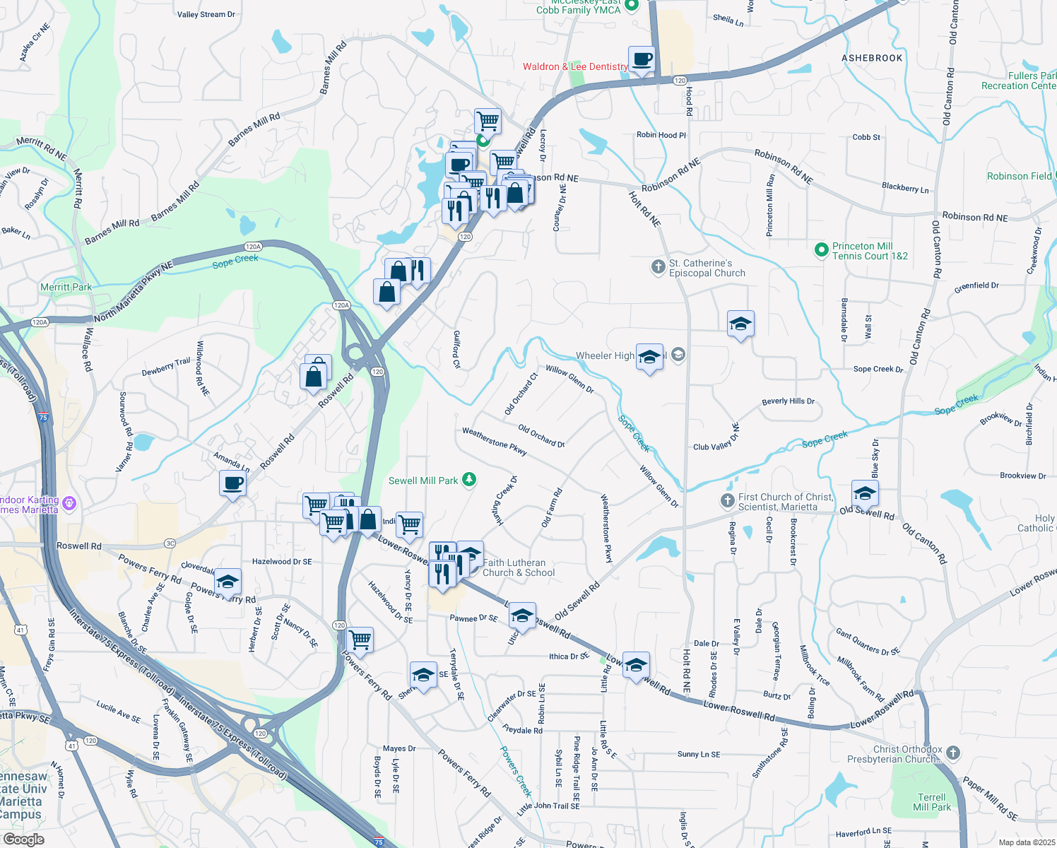 map of restaurants, bars, coffee shops, grocery stores, and more near 2225 Old Orchard Drive in Marietta