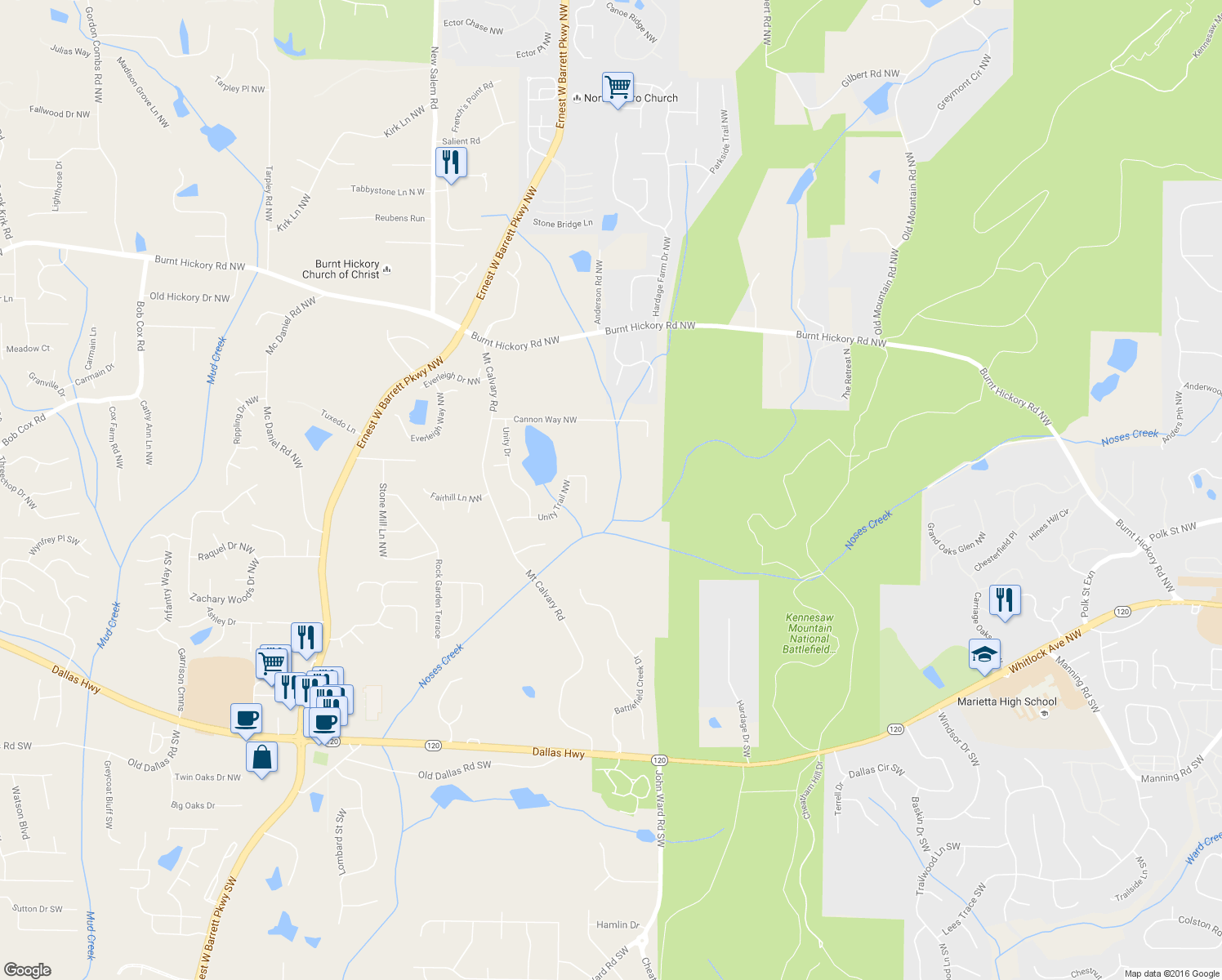 map of restaurants, bars, coffee shops, grocery stores, and more near 2138 Unity Trail Northwest in Marietta
