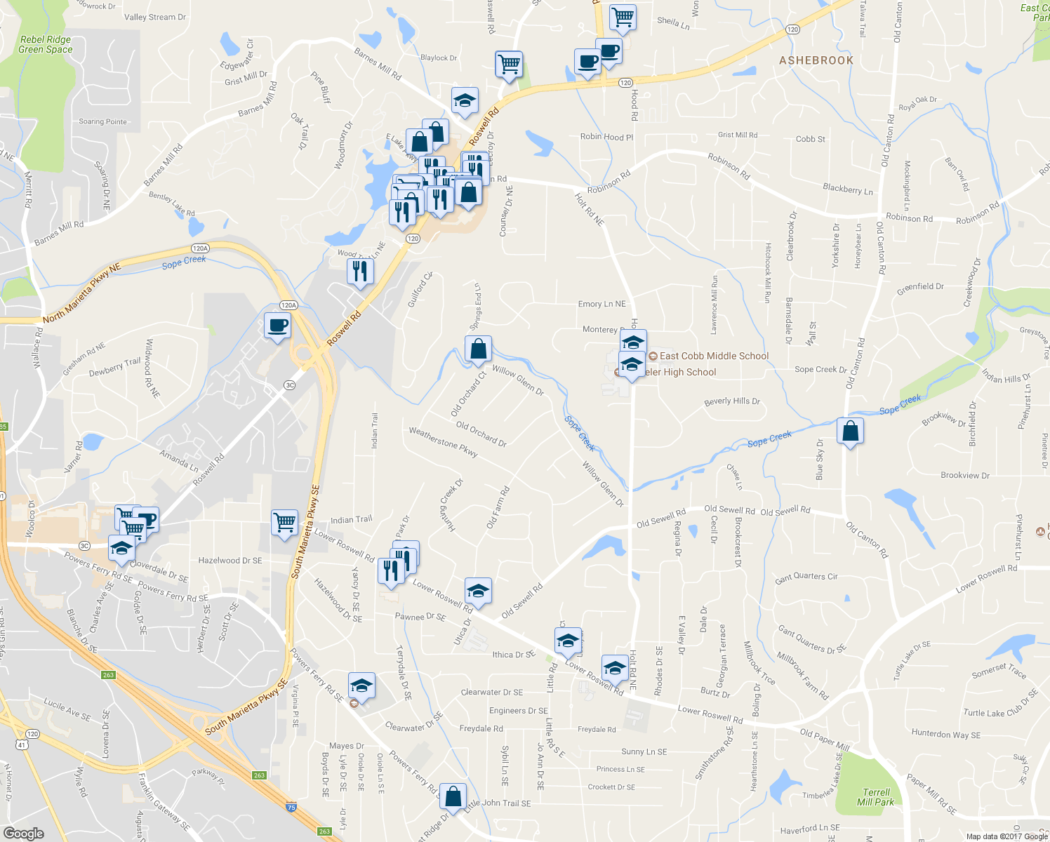 map of restaurants, bars, coffee shops, grocery stores, and more near 2325 Old Orchard Drive in Marietta