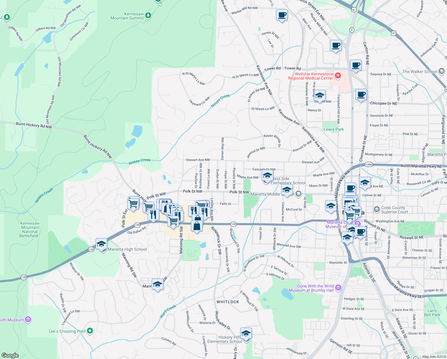 map of restaurants, bars, coffee shops, grocery stores, and more near 213 Hope Street Northwest in Marietta
