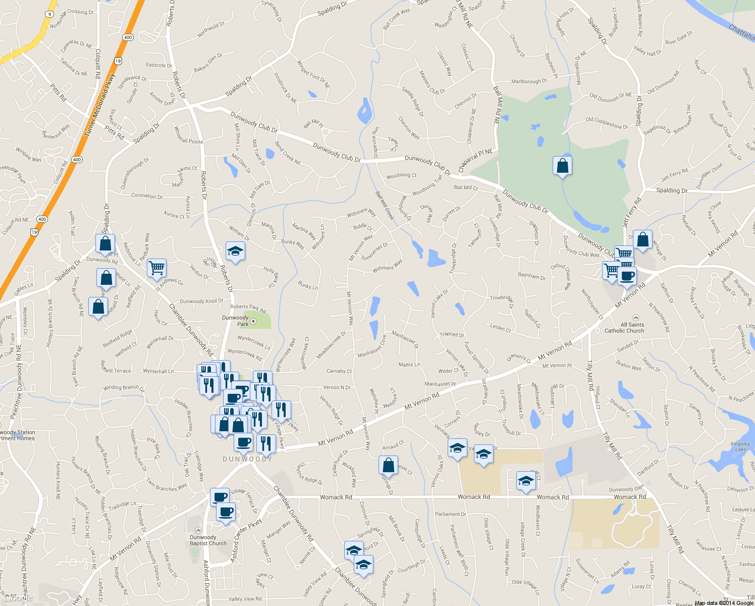 map of restaurants, bars, coffee shops, grocery stores, and more near 1555 Dunwoody Club Crossing in Dunwoody