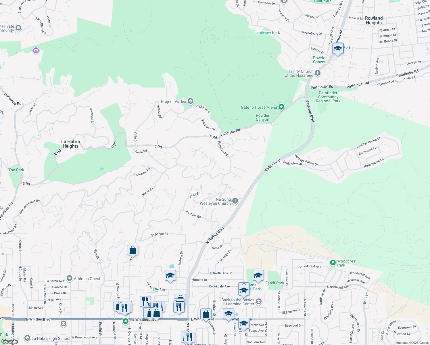 map of restaurants, bars, coffee shops, grocery stores, and more near 1929 Dorothea Road in La Habra Heights