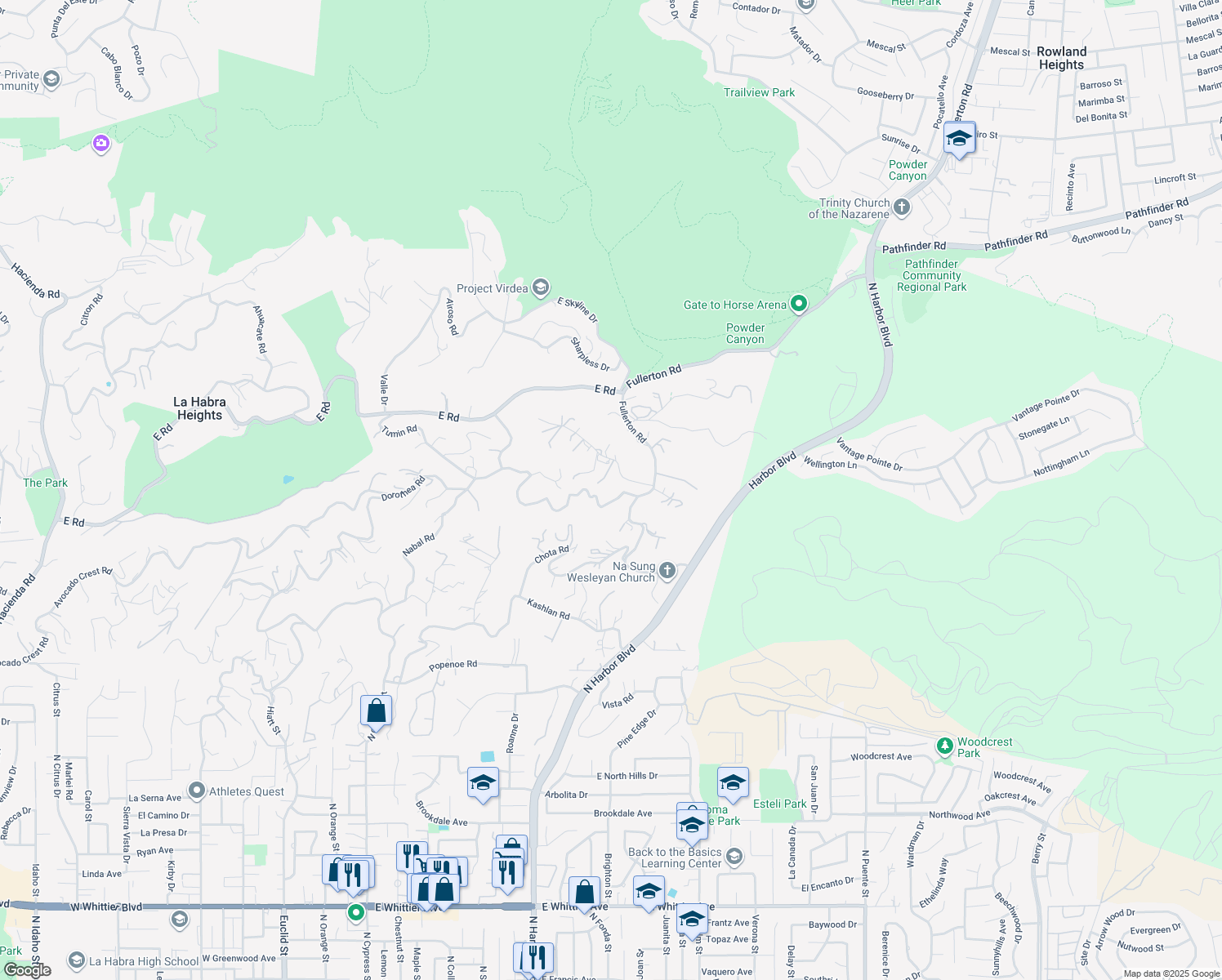 map of restaurants, bars, coffee shops, grocery stores, and more near 1929 Dorothea Road in La Habra Heights