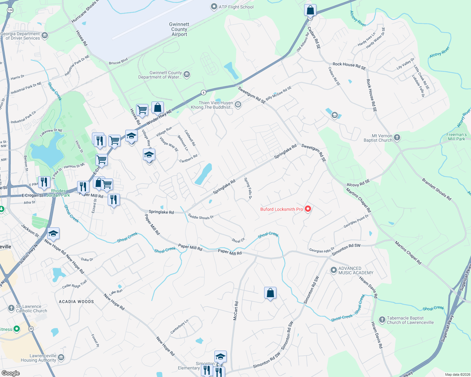 map of restaurants, bars, coffee shops, grocery stores, and more near 320 Ashland Manor Drive in Lawrenceville