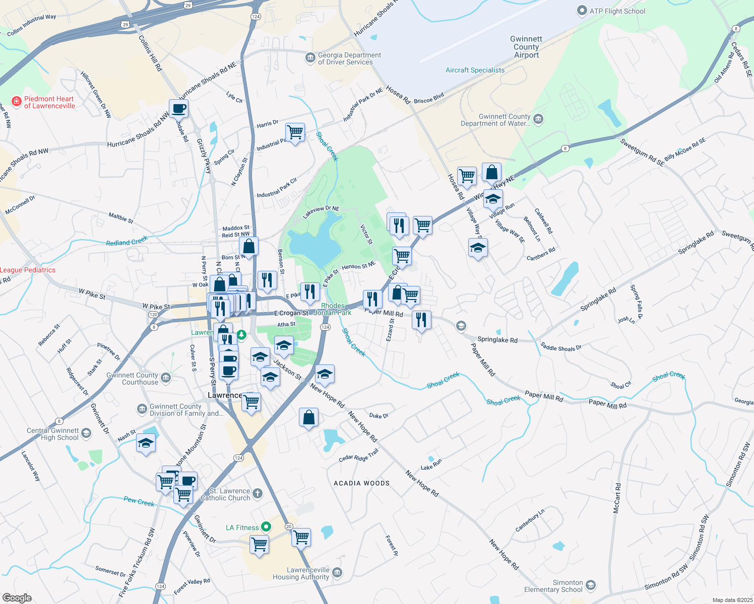 map of restaurants, bars, coffee shops, grocery stores, and more near 155 East Crogan Street in Lawrenceville