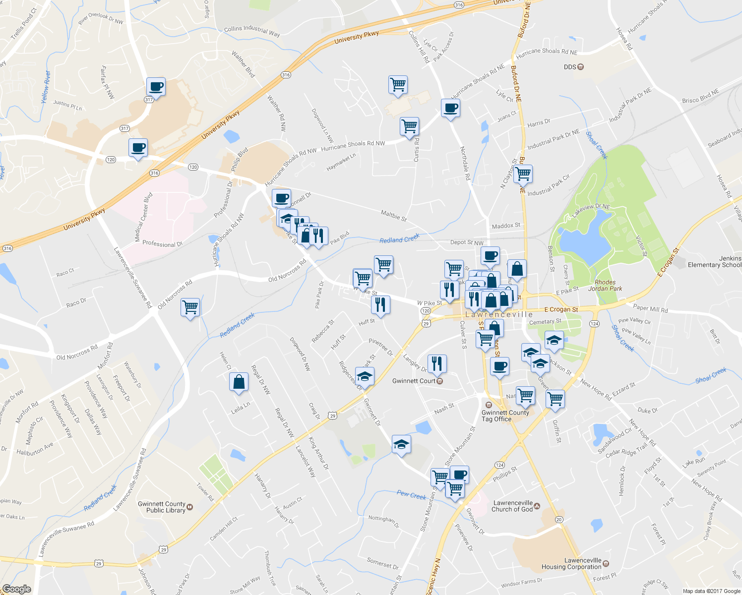 map of restaurants, bars, coffee shops, grocery stores, and more near 368 West Pike Street in Lawrenceville
