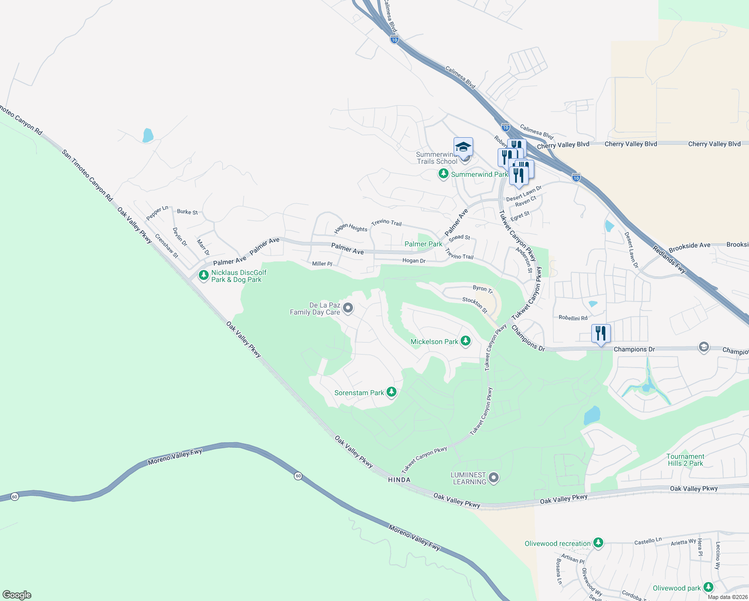 map of restaurants, bars, coffee shops, grocery stores, and more near 11375 Brewer Drive in Calimesa