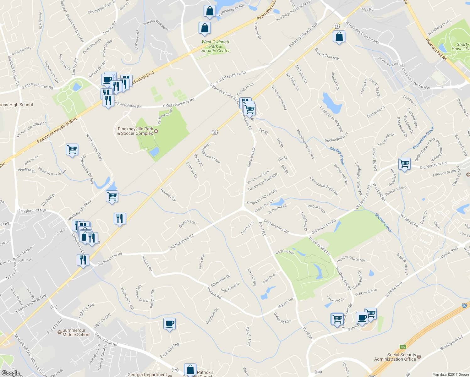 map of restaurants, bars, coffee shops, grocery stores, and more near 4727 Cambridge Mews Court in Duluth