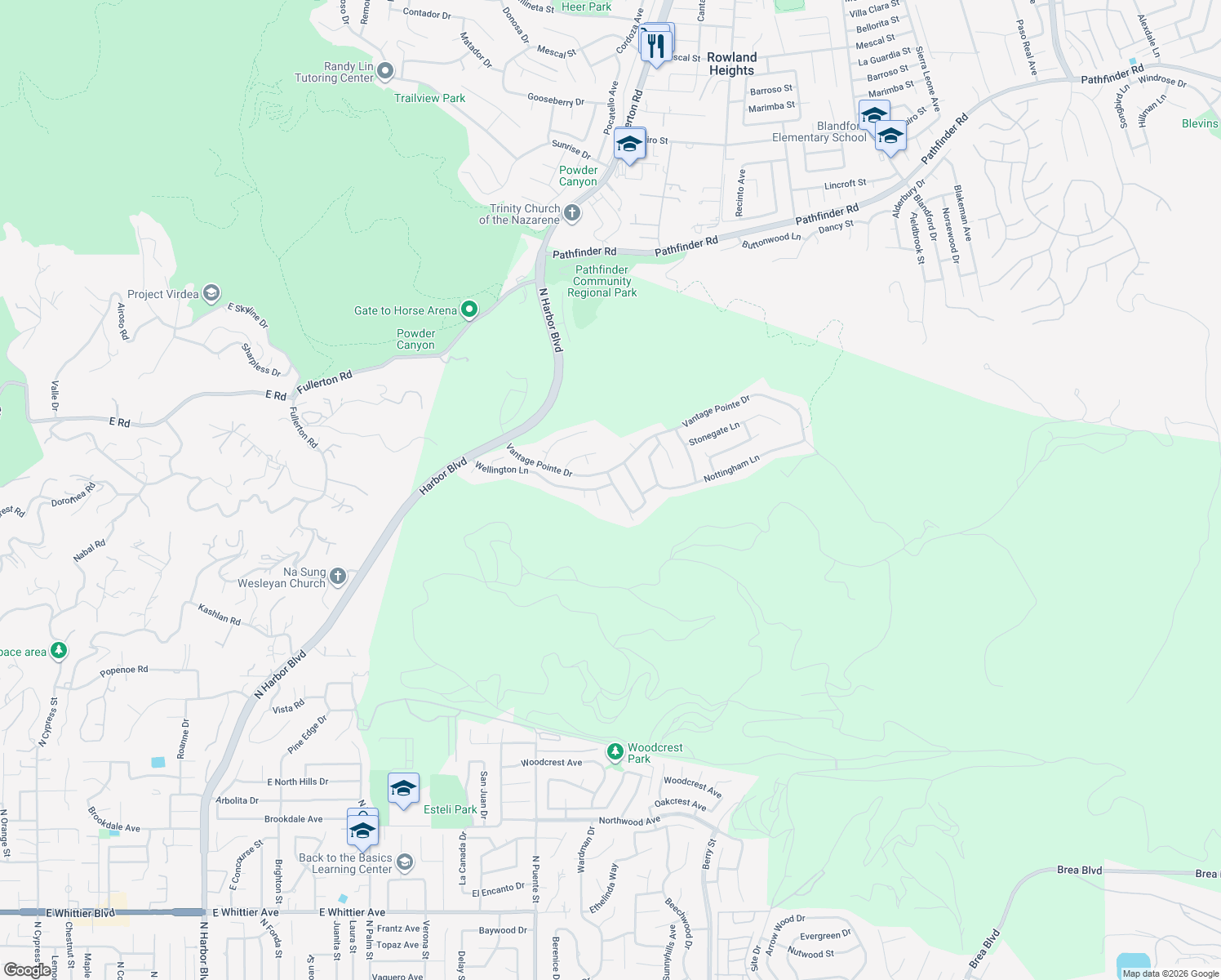 map of restaurants, bars, coffee shops, grocery stores, and more near 3615 Norwich Place in Rowland Heights