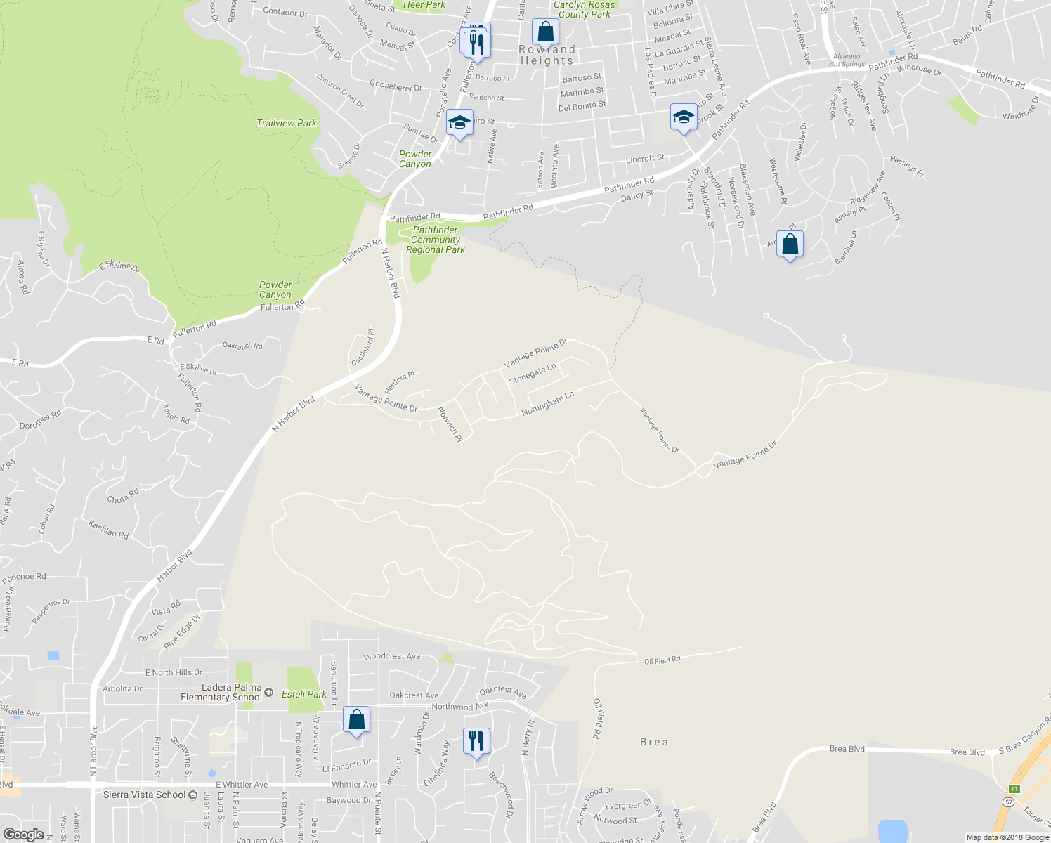 map of restaurants, bars, coffee shops, grocery stores, and more near 18468 Nottingham Lane in Rowland Heights