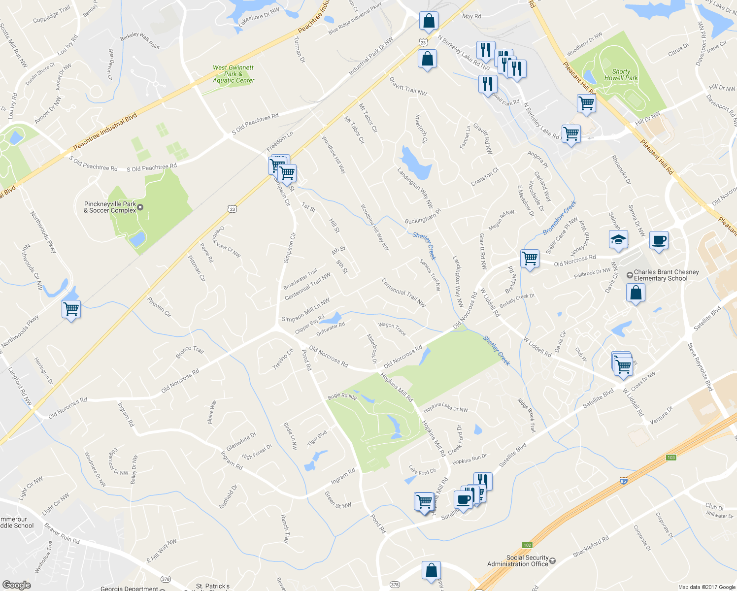 map of restaurants, bars, coffee shops, grocery stores, and more near 4599 Iroquois Trail Northwest in Duluth