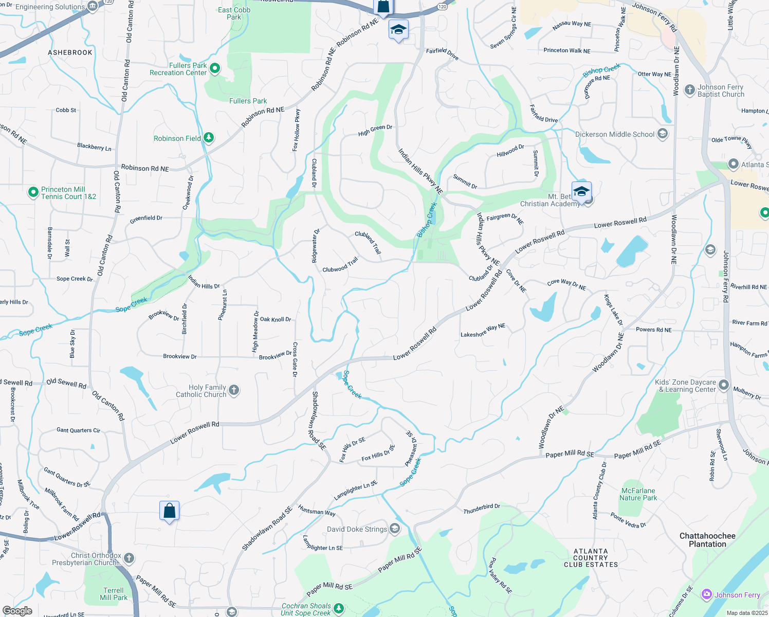 map of restaurants, bars, coffee shops, grocery stores, and more near 3850 Creekview Drive Northeast in Marietta