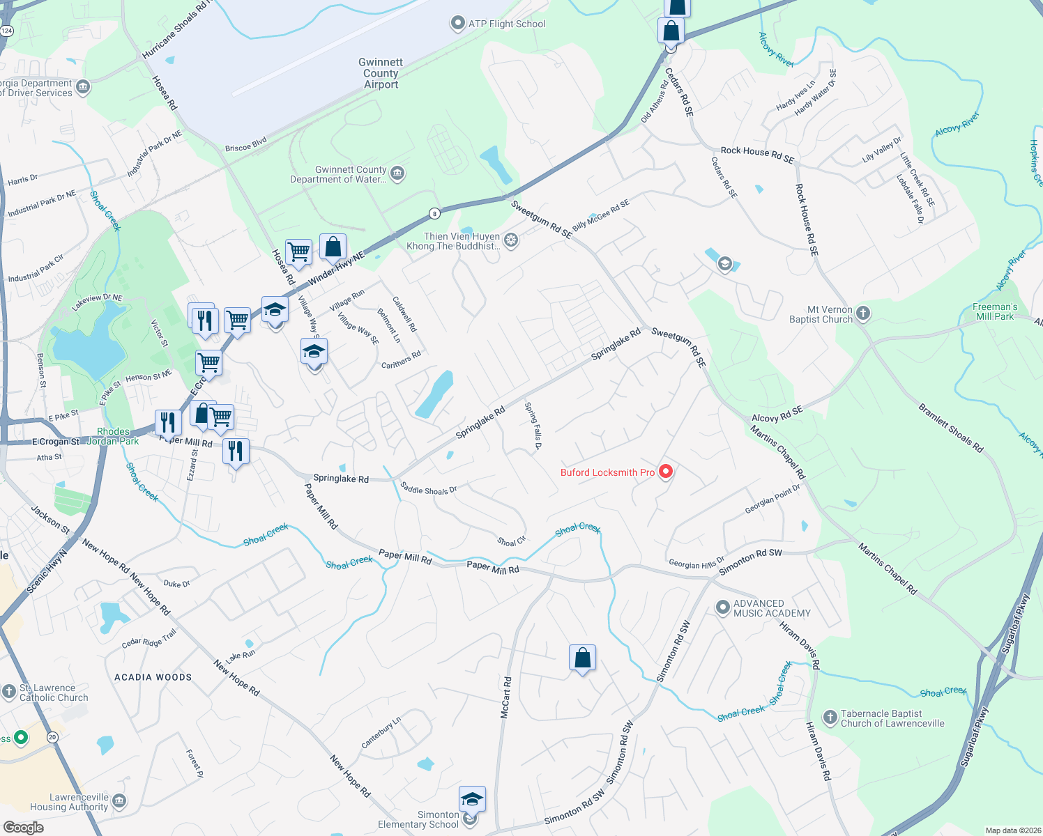 map of restaurants, bars, coffee shops, grocery stores, and more near 684 Brooke Manor Court in Lawrenceville