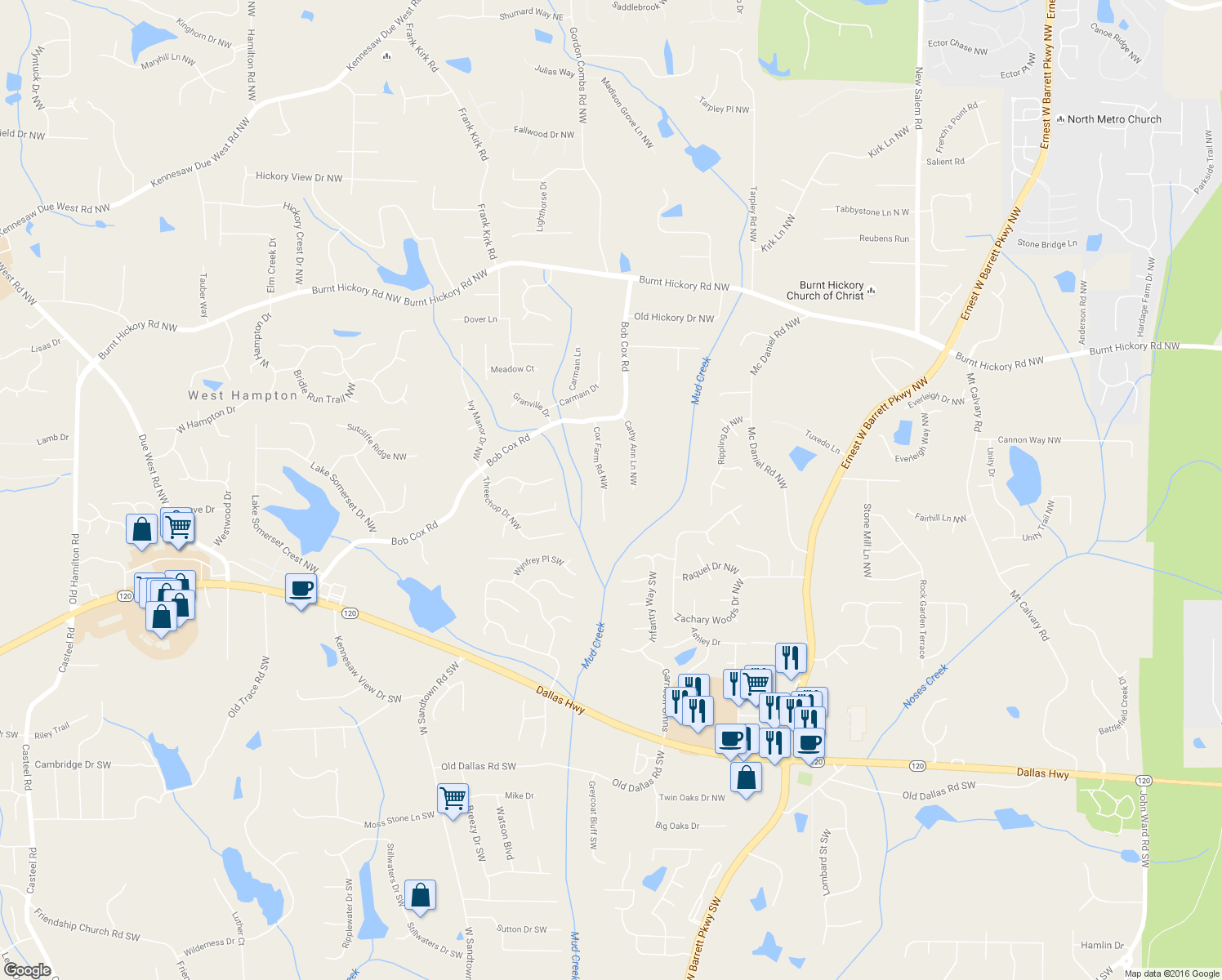 map of restaurants, bars, coffee shops, grocery stores, and more near 170 Cox Farm Road Northwest in Marietta
