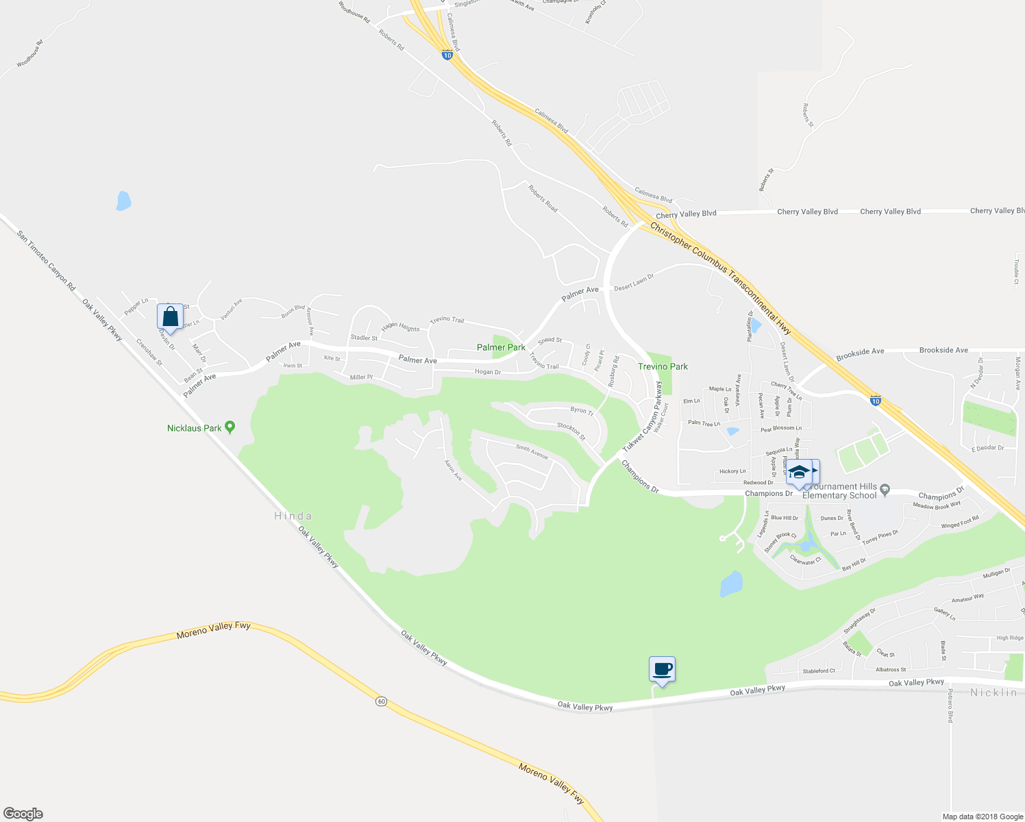 map of restaurants, bars, coffee shops, grocery stores, and more near 35295 Stockton Street in Beaumont