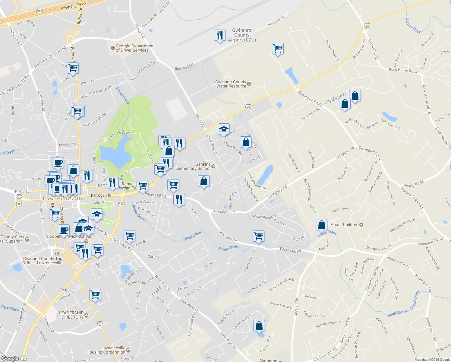 map of restaurants, bars, coffee shops, grocery stores, and more near 452 Springbottom Court Southeast in Lawrenceville