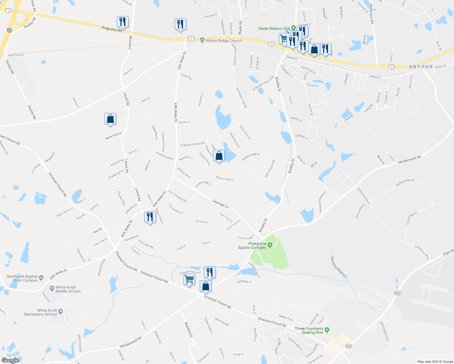 map of restaurants, bars, coffee shops, grocery stores, and more near 332 Blossom View Court in West Columbia