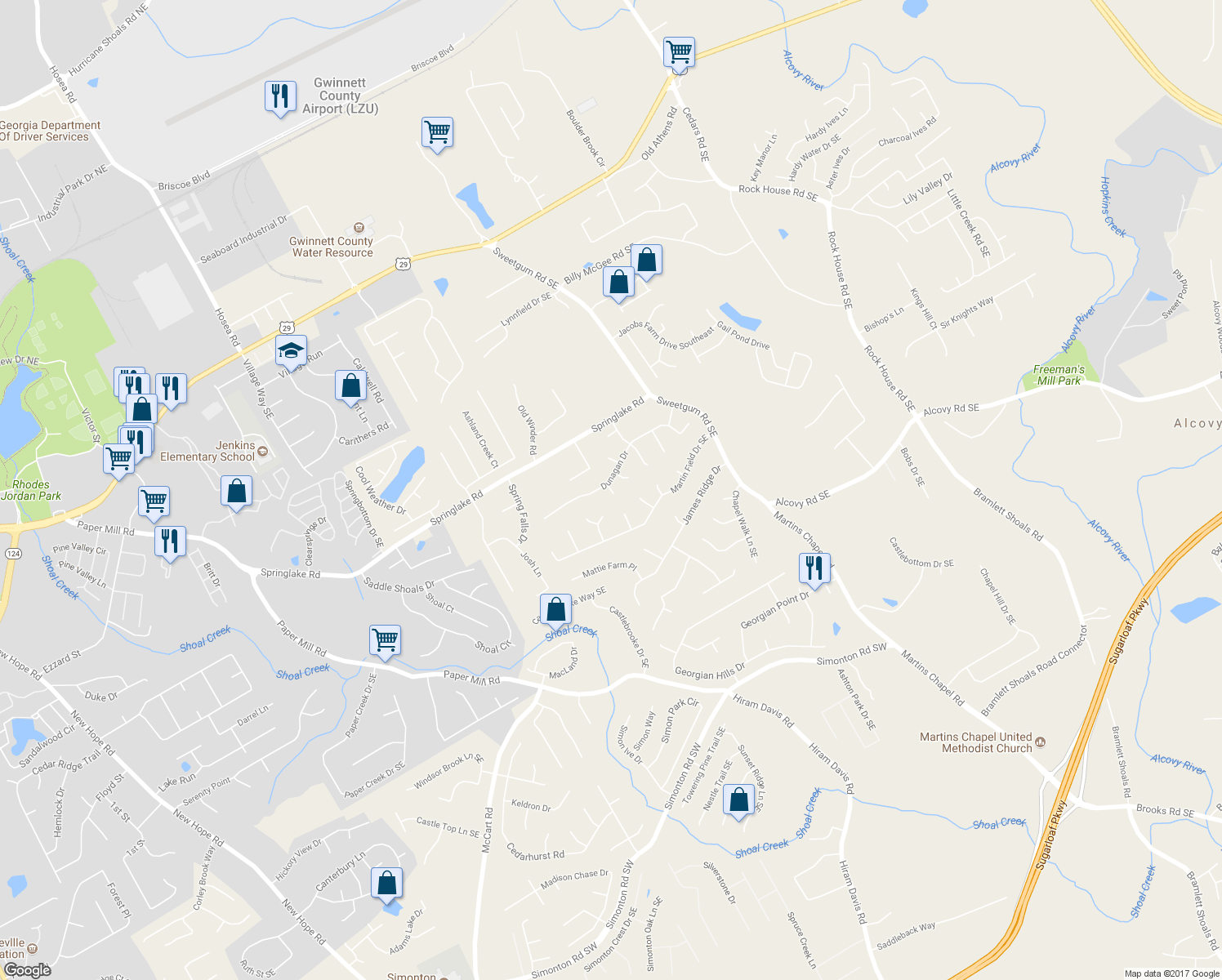 map of restaurants, bars, coffee shops, grocery stores, and more near 531 Chadborn Court in Lawrenceville