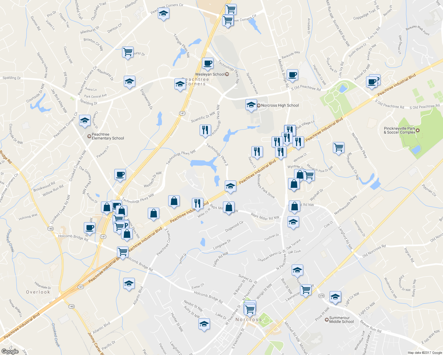 map of restaurants, bars, coffee shops, grocery stores, and more near 15 Technology Parkway South in Norcross