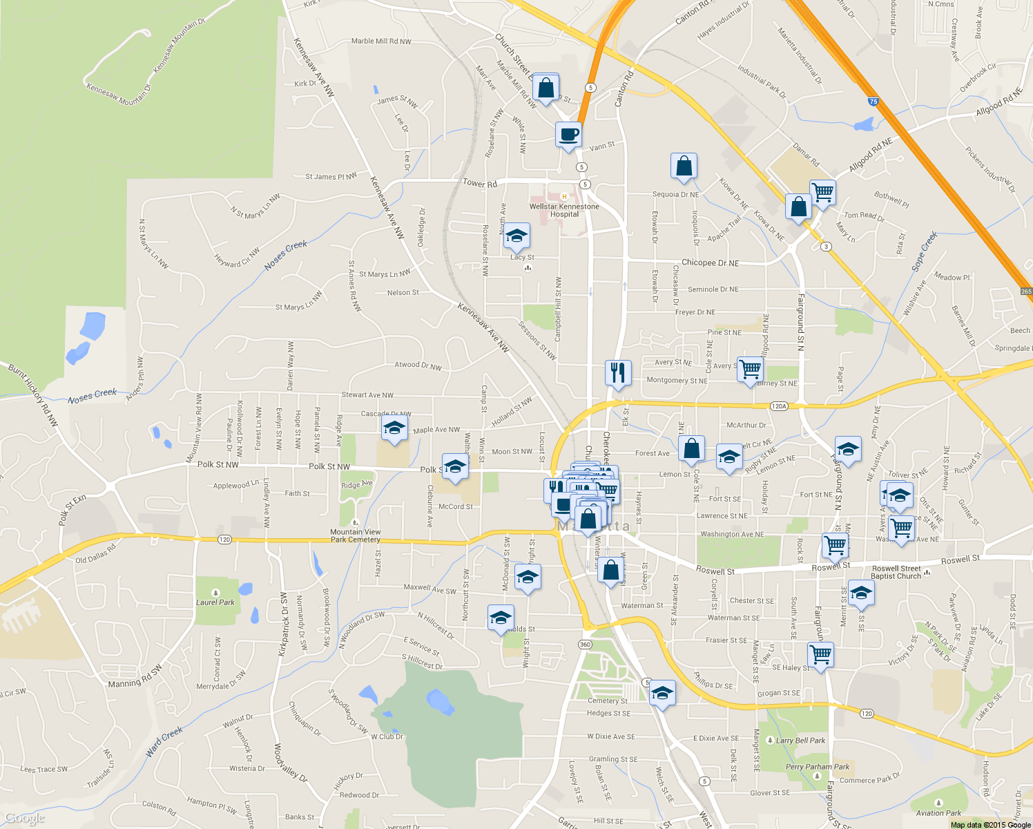map of restaurants, bars, coffee shops, grocery stores, and more near 91 Holland St NW in Marietta