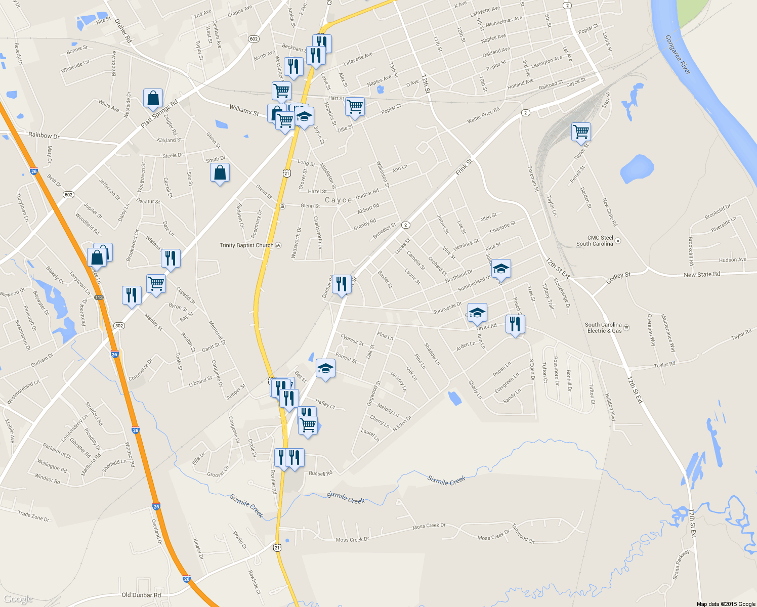map of restaurants, bars, coffee shops, grocery stores, and more near 1722 Northland Drive in Cayce