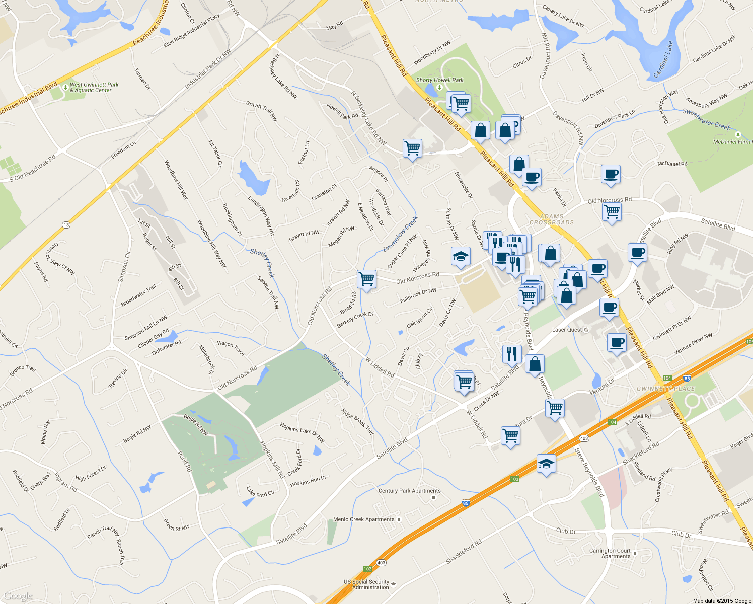 map of restaurants, bars, coffee shops, grocery stores, and more near 2383 Berkeley Creek Court in Duluth