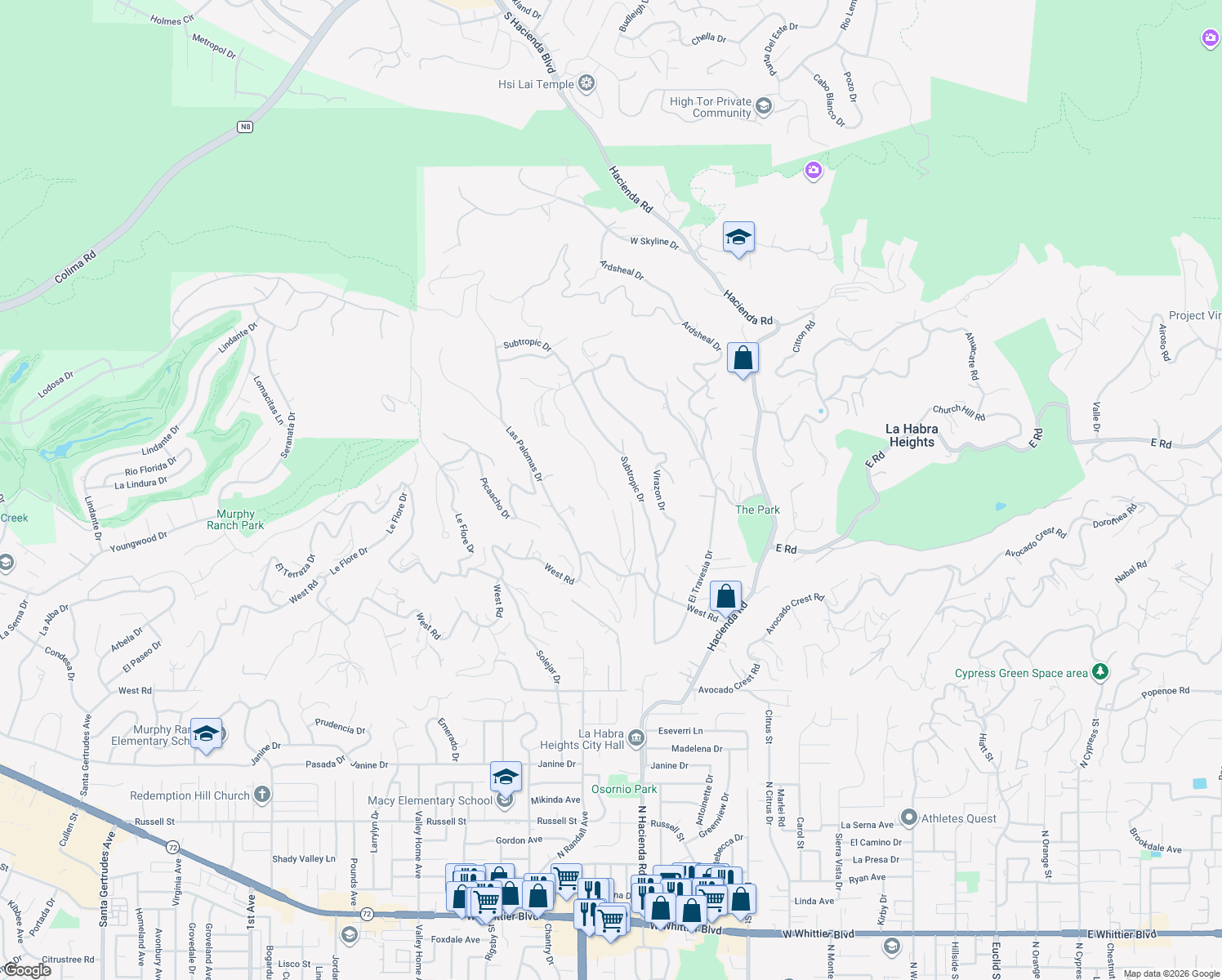 map of restaurants, bars, coffee shops, grocery stores, and more near 1170 Encanada Drive in La Habra Heights
