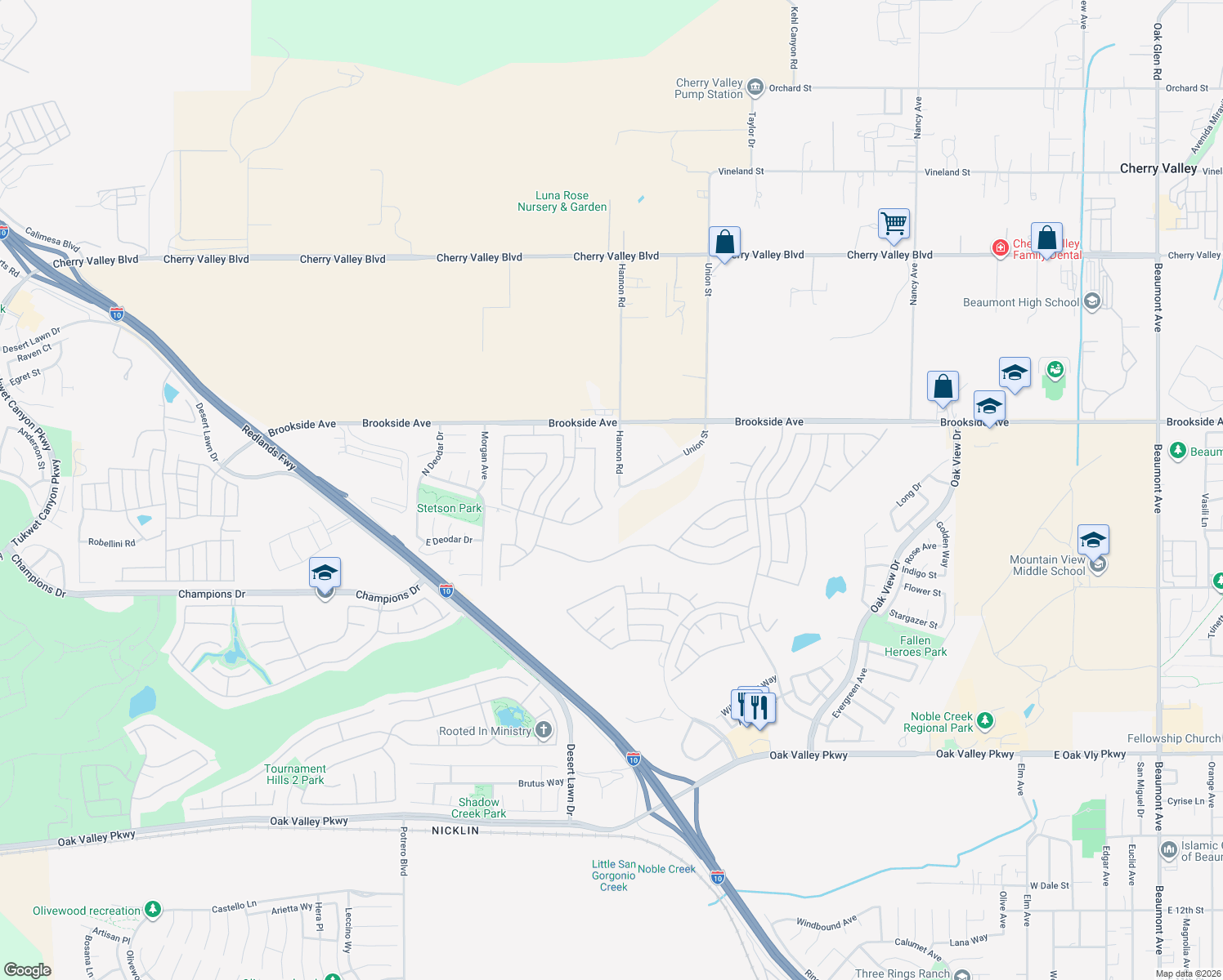map of restaurants, bars, coffee shops, grocery stores, and more near 1775 Hannon Rd in Cherry Valley