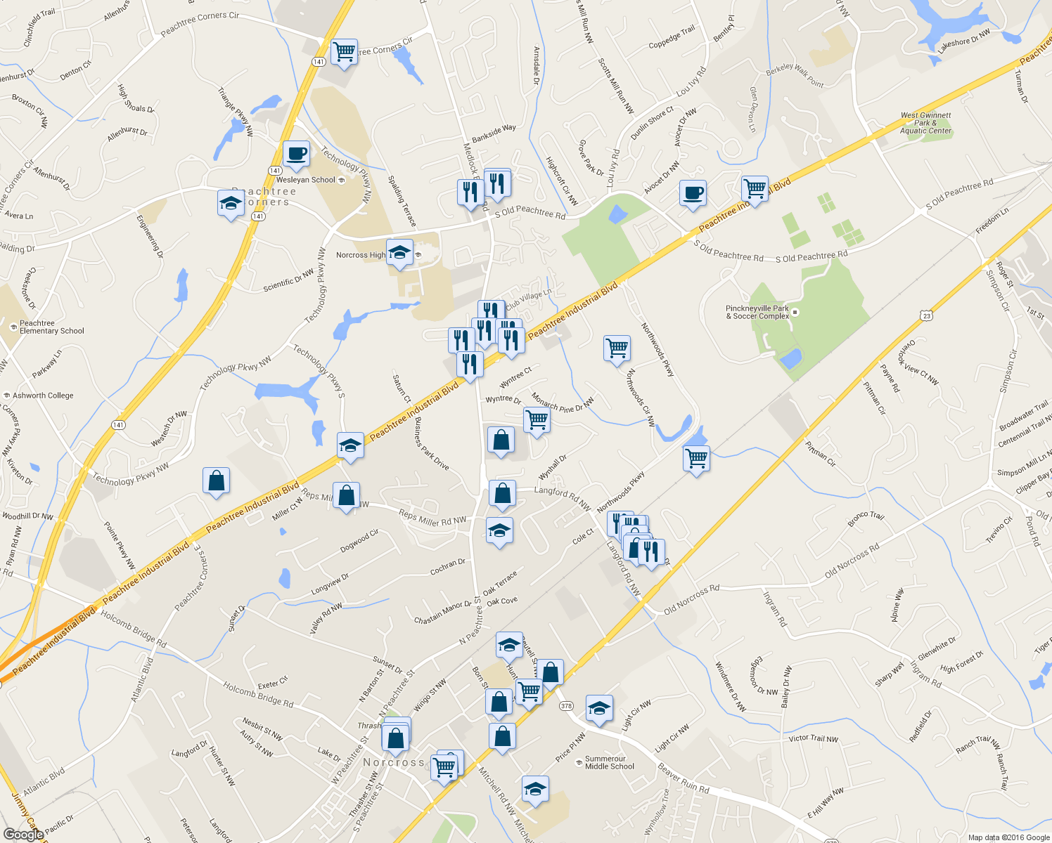 map of restaurants, bars, coffee shops, grocery stores, and more near 5400 Fontenoy Ct in Norcross