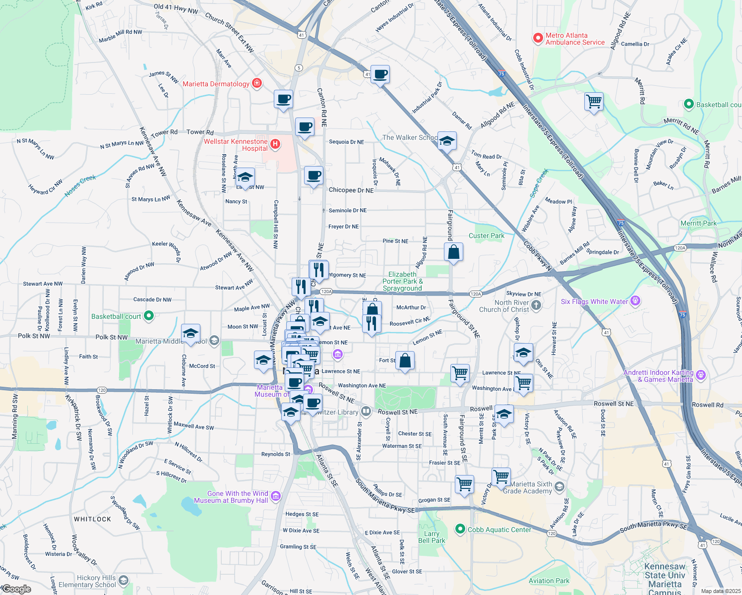 map of restaurants, bars, coffee shops, grocery stores, and more near 278 North Marietta Parkway Northeast in Marietta